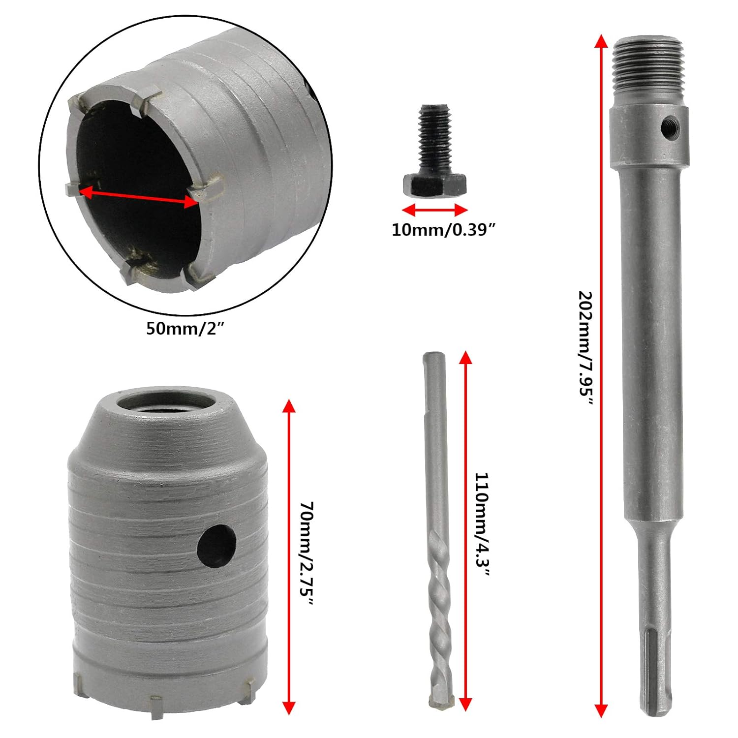 Hordion 2 Inch / 50mm Concrete Hole Saw SDS Plus Shank Hole Saw Cutter with 202mm Connecting Rod Drill for Cement Brick Wall - Image 2