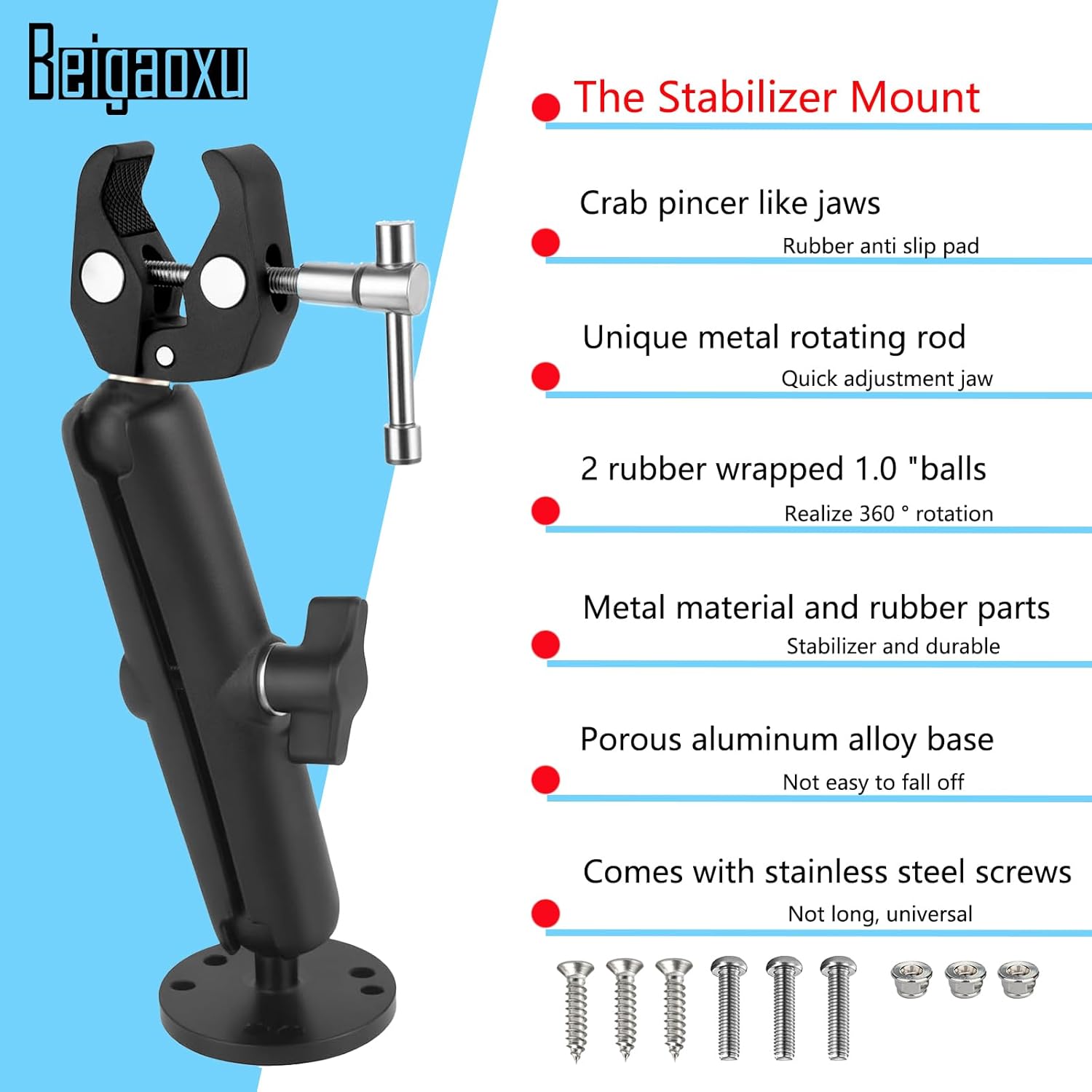 Trolling Motor Stabilizer Mount Support for Riptide Terrova/Minn kota Terrova/Ulterra, Crab-Claw-Like Clamps can Firmly Grip, 360° Adjustment Range, Fix Rods Ranging from 0.6 "to 1.5" - Image 4