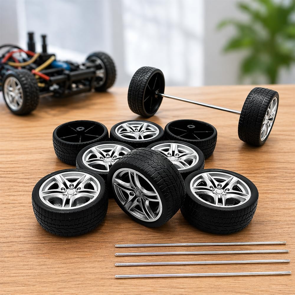 10PCS Toy Car Wheel 48mm Toy Car Rubber Tire Wheels with 5PCS Shaft Round Rod Axles for RC Car Truck Robot DIY Model Toy Parts - Image 8