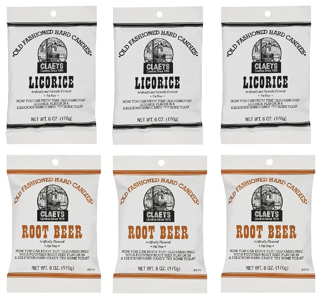 Claeys Old Fashioned Hard Candy - Variety 6 Pack - Licorice and Root Beer - 3 of Each Flavor - 36 Ounces Total