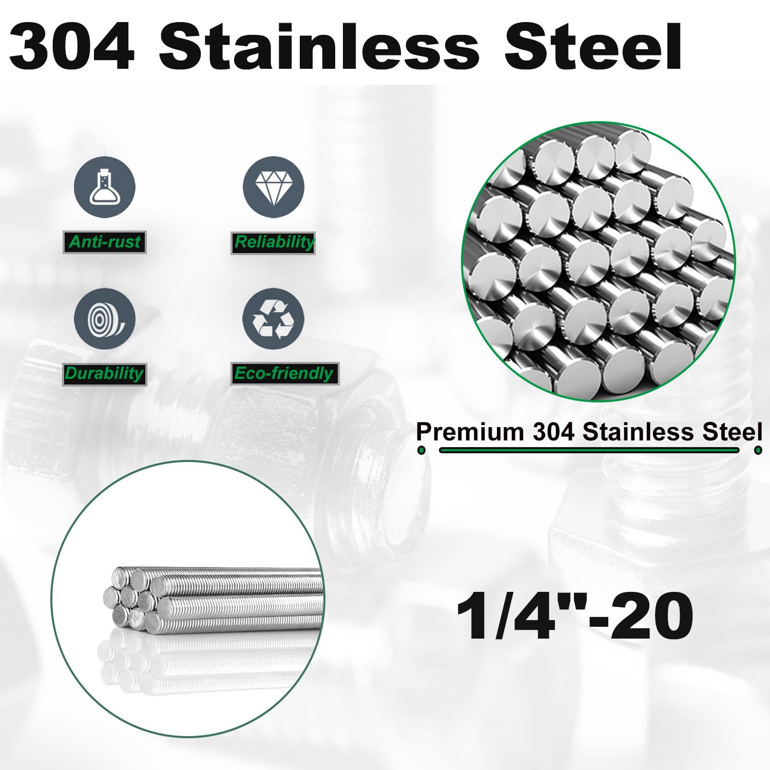 1/4-20 x 12 Fully Threaded Rod, 4PCS 1/4"-20 12 in All Threaded Rods, 304 Stainless Steel, Right Hand 12 inches Long Screw Rods Replacement for Lawn Mower Carburetor Bolt - Image 4