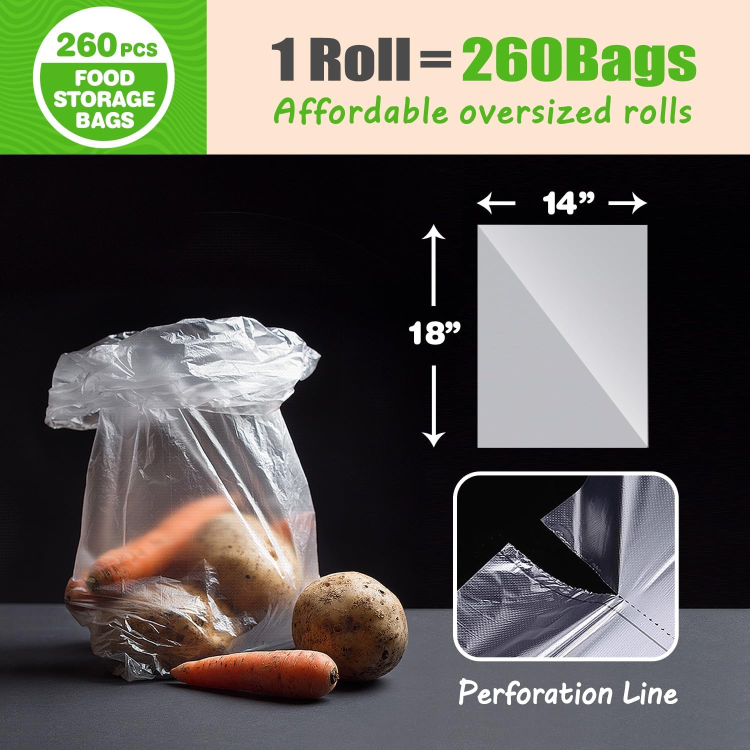 Teivio 260 Count 14" x 18" Plastic Produce Bags on A Roll, Clear Kitchen Disposable Plastic Storage Bags for Bread Fruit Vegetable - Image 2