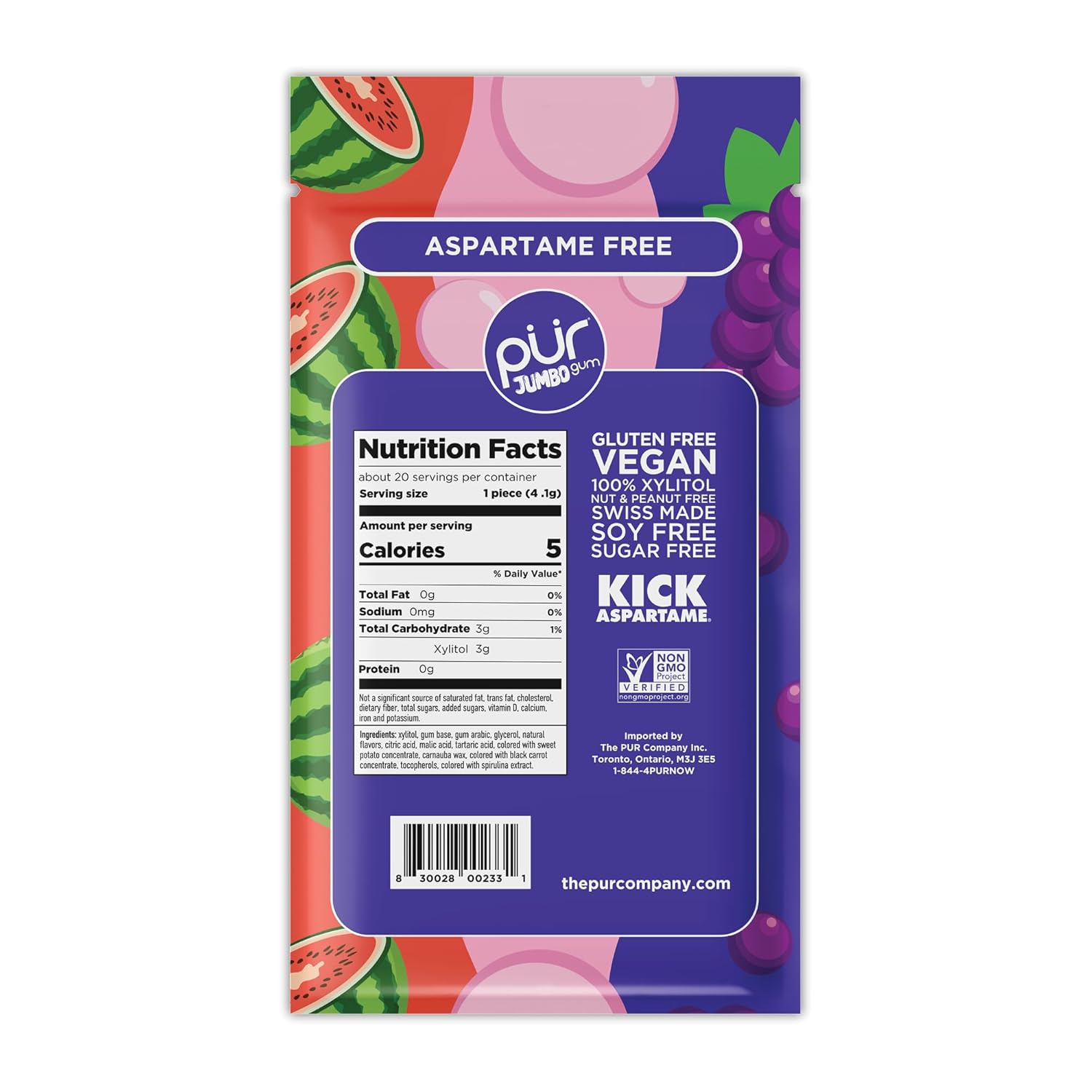 Pur, Jumbo Gum, Aspartame Free Chewing Gum, 100% Xylitol, Natural Bubblegum Grape Watermelon Flavor, 20 Count - Image 2
