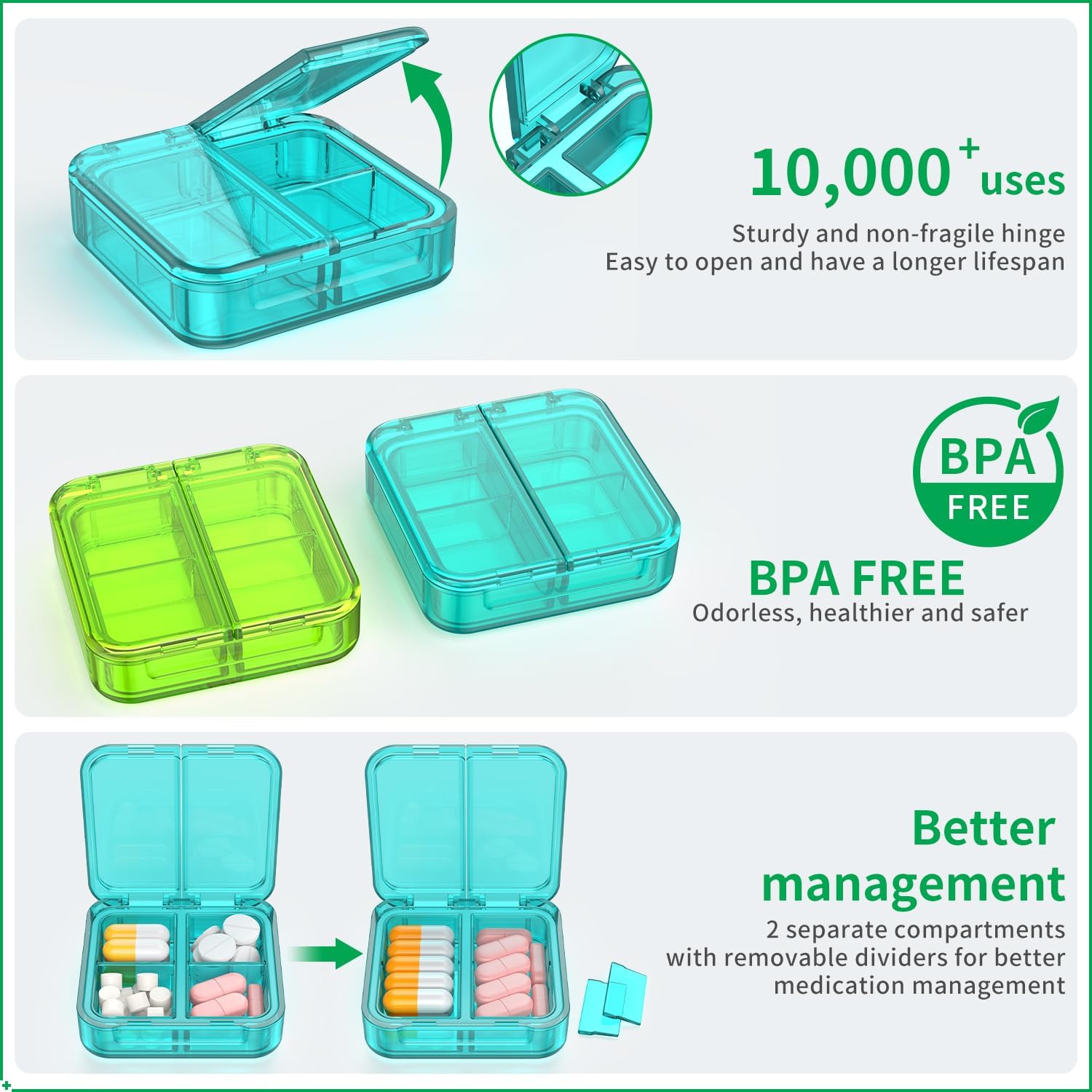 Small Pill Box,4 Compartments Travel Pill Case, Portable Pill Organizer,Mini Pill Container for Pocket,Daily Compact Travel Medicine Holder for Vitamins Fish Oil and Supplement Storage(Green+Cyan) - Image 5