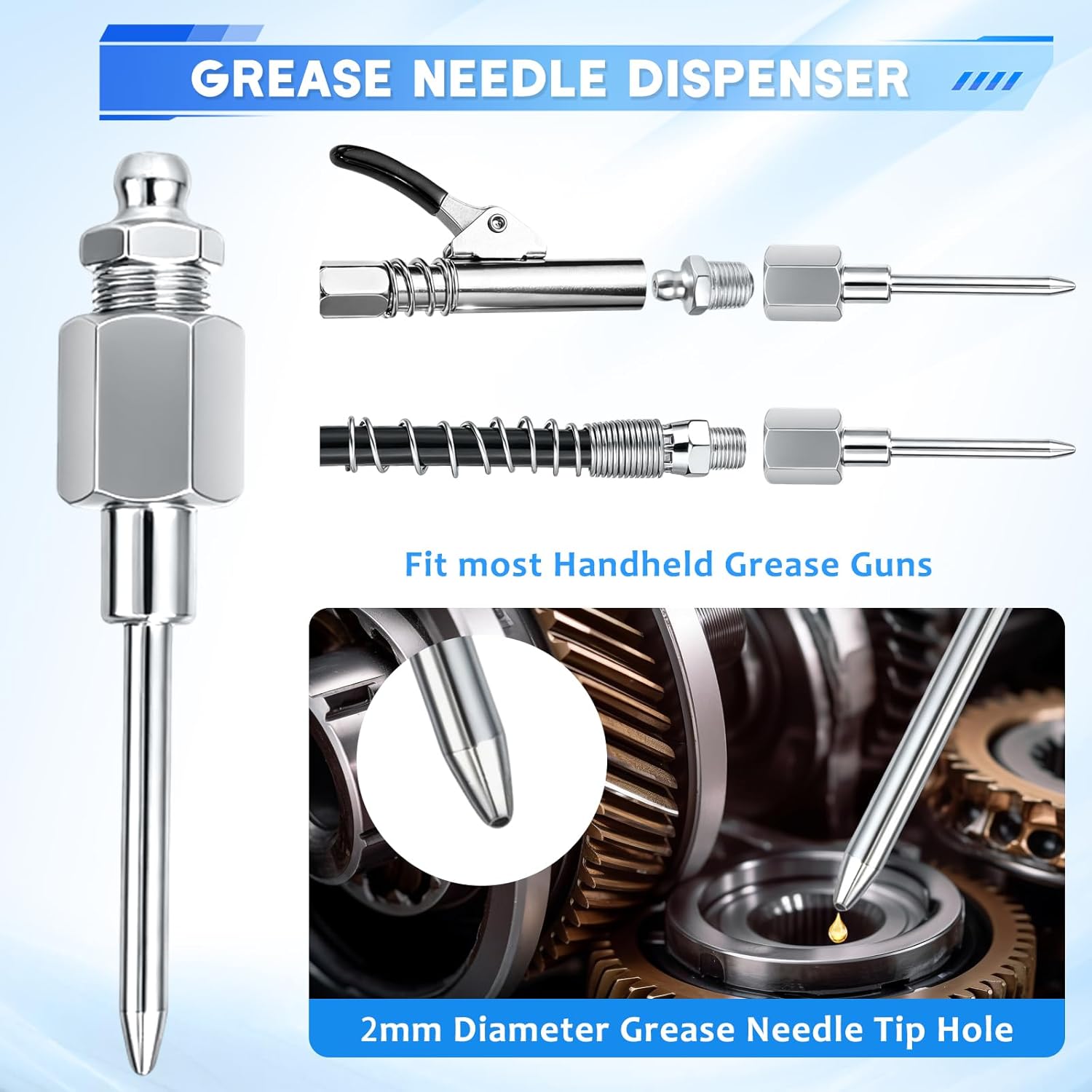 Grease Gun Fittings Accessory Kit - Grease Gun Coupler, 90 Degree Grease Coupler Adapter with Sleevers, Grease Neddle Dispenser, 2 Grease Needle Nozzle Tips, 12" Grease Gun Hose, Zerk Fitting Cleaner - Image 3