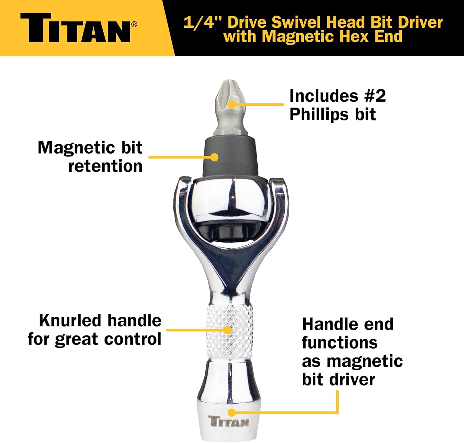 Titan 11340 1/4-Inch Drive x 2-1/4-Inch 90-Tooth Swivel Head Nano Ratchet with Hex Drive Handle - Image 2