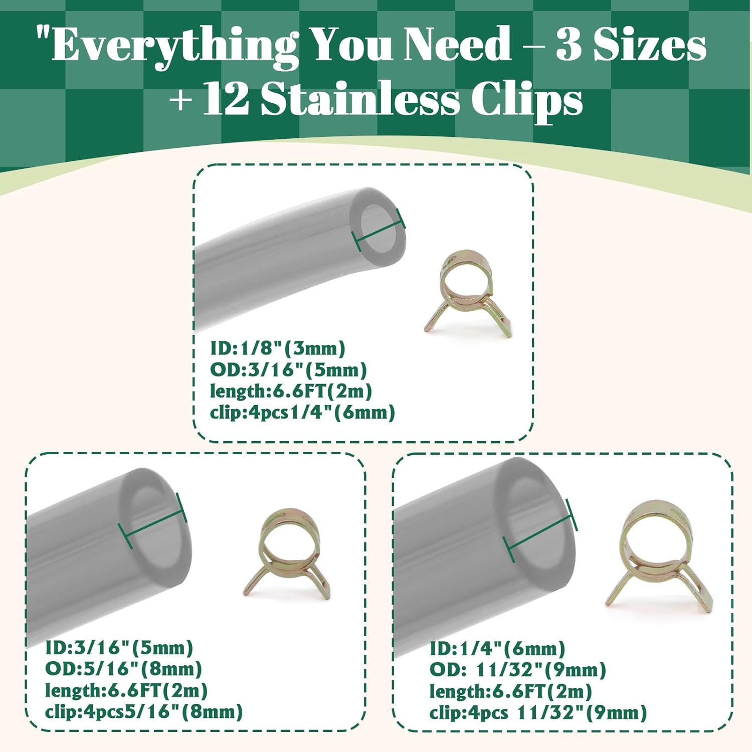 Premium TPU Fuel Line Kit 3 Sizes (3mm ID/5mm OD, 5mm ID/8mm OD, 6mm ID/9mm OD), 6.6ft Each, with 12 Steel Clamps, Universal Gas Diesel Fuel Hose for Lawn Mower Chainsaw Small Engines - Image 4