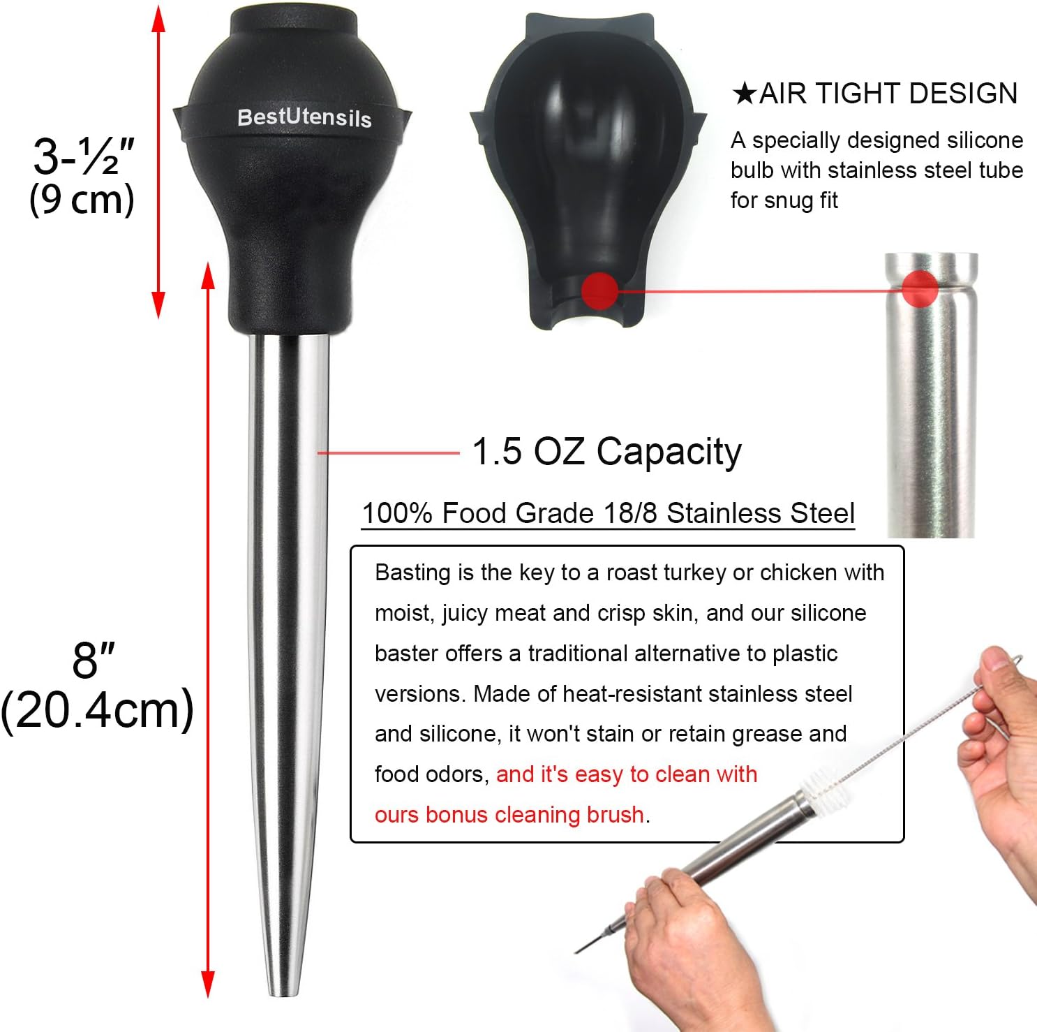Best Utensils Stainless Steel Turkey Baster Commercial Grade Quality Silicone Bulb Including 2 Marinade Injector Needles And Brush For Easy Clean Up - Image 7