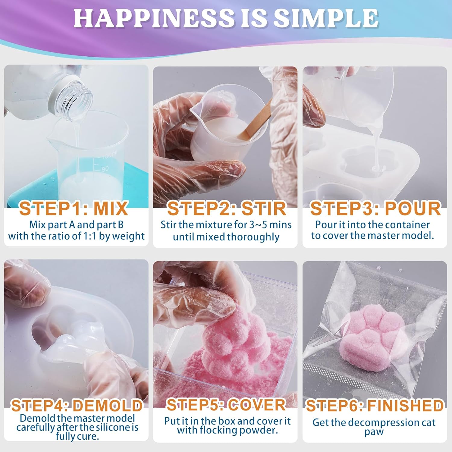 LET'S RESIN Gel for Taba Squishy Kit, 16oz Super Soft Flex Rubber for Squishy Maker, with Paw Molds/Flocking Powder/Bag, Molding Cat's Paw, DIY Decompression Gift - Image 7
