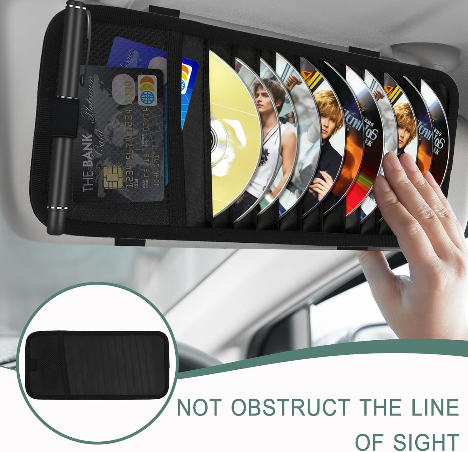 Sun Visor CD Holder, 12-Capacity Car Visor Organizer with DVD Sleeves and Mesh Pocket, Universal Visor Storage for Vehicle CD Case and Pen Holder Ergonomic Design (Black 1 Pcs) - Image 2