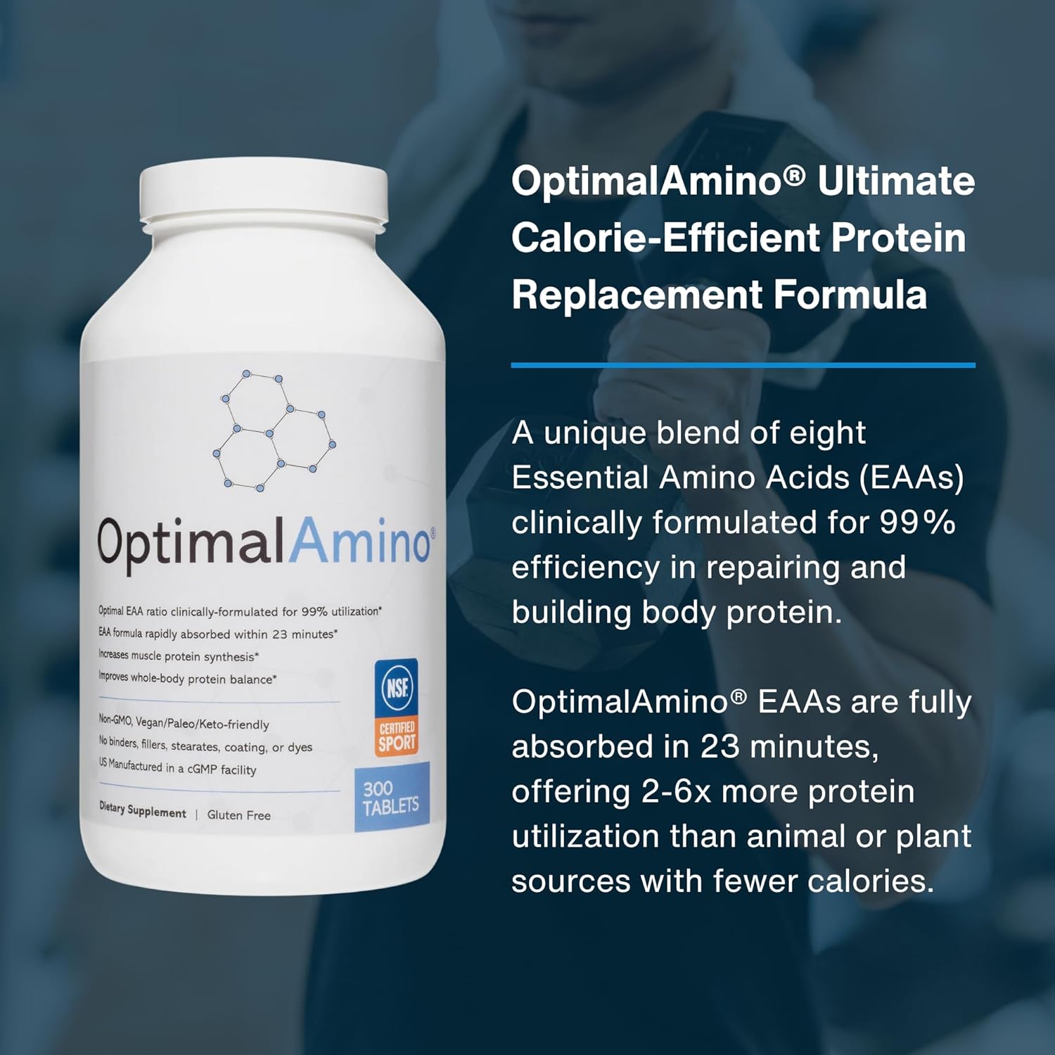OptimalAmino Tablets (300 Count) | 99% Utilized Essential Amino Acids (EAA) Supplement, Increase Muscle Recovery, BCAA Protein Pre/Post Workout | NSF Certified for Sport® Certified - Image 3