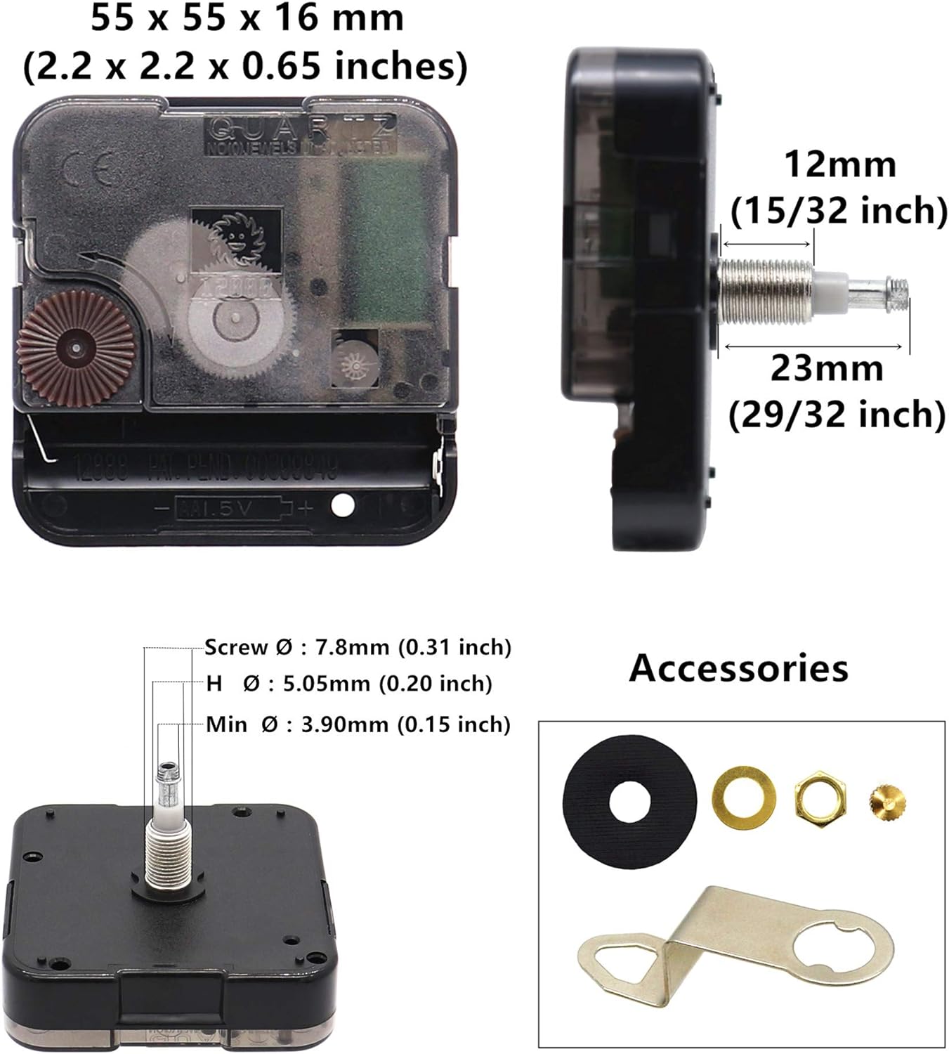 TIKROUND Quartz DIY Wall Clock Movement Mechanisms Battery Powered DIY Repair Parts Replacement with 4 Sets Hands,3/10 Inch Maximum Dial Thickness,29/32 Inch Total Shaft Length. - Image 2