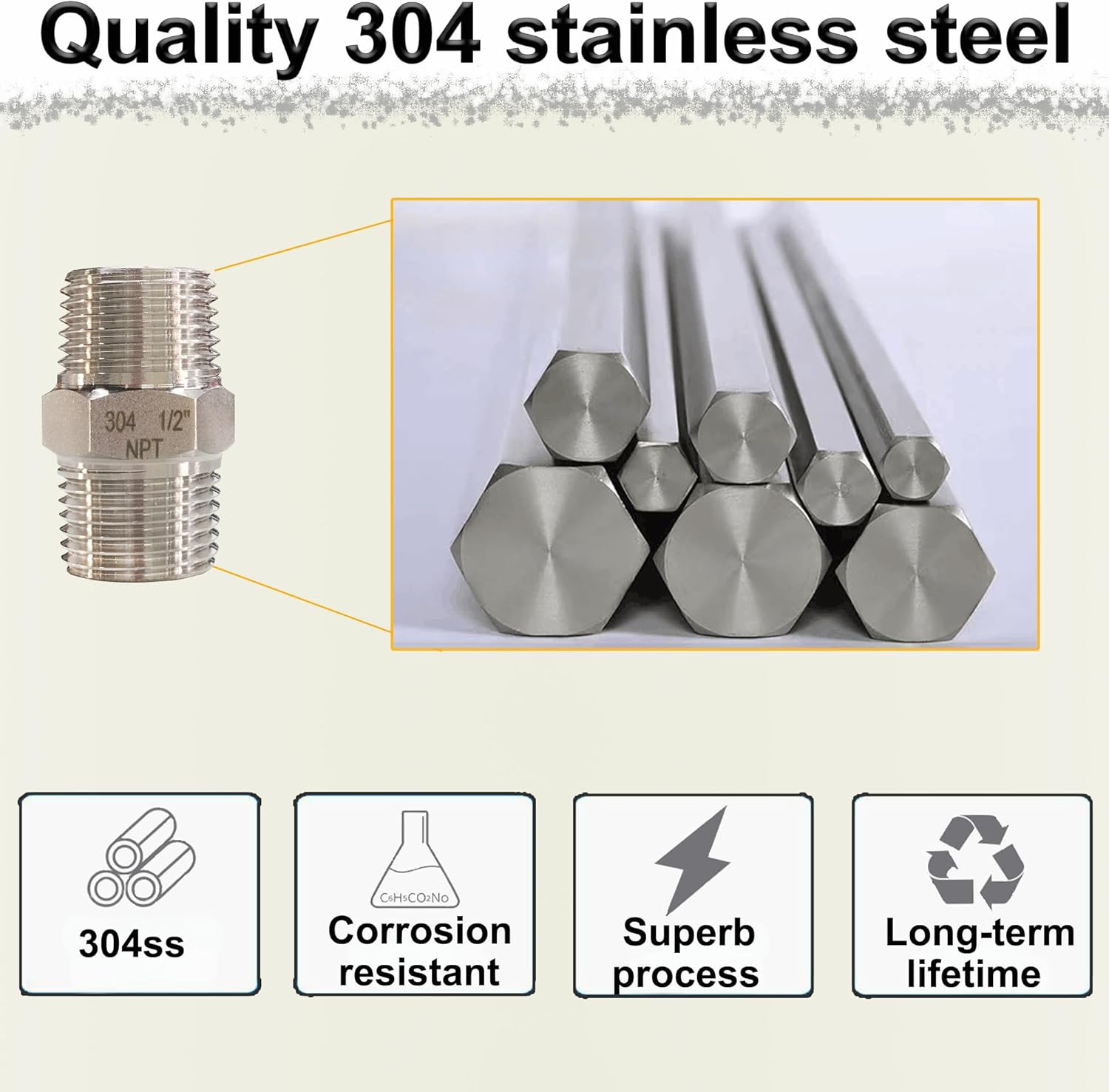 3/8" NPT Male Hex Nipple Pipe Fittings, 304 Stainless Steel 3/8 inch Threaded Pipe Adapter Fittings Equal Nipples Connectors, 4pcs Male Straight Connector Pipe Fitting - Image 4