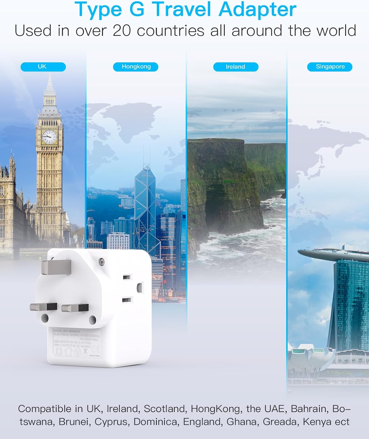 US to UK Ireland Travel Plug Adapter, Type G Power Plug Adapter with 3 Outlets 3 USB Ports(2 USB C), European Travel Plug Adapter for USA to England London Scotland British Qatar Irish Hongkong - Image 7