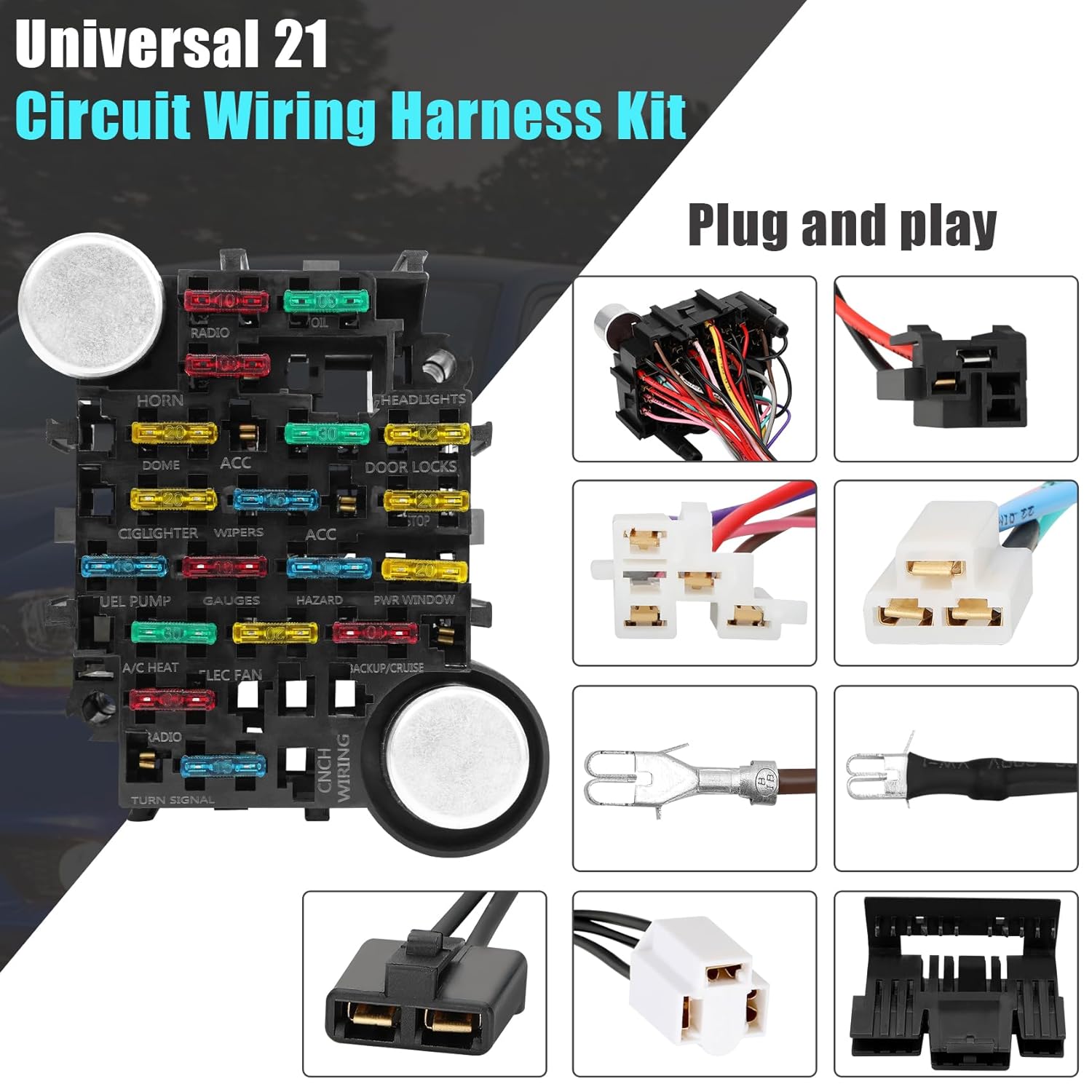 Universal 21 Circuit Wiring Harness Kit, Universal Extra Long Wire 21 Circuit Wiring Harness Standard Color 17 Fuses for GM Chevy Chrysler Dodge Ford Hotrods Plymouth Mopar Mercury Ratrods - Image 5