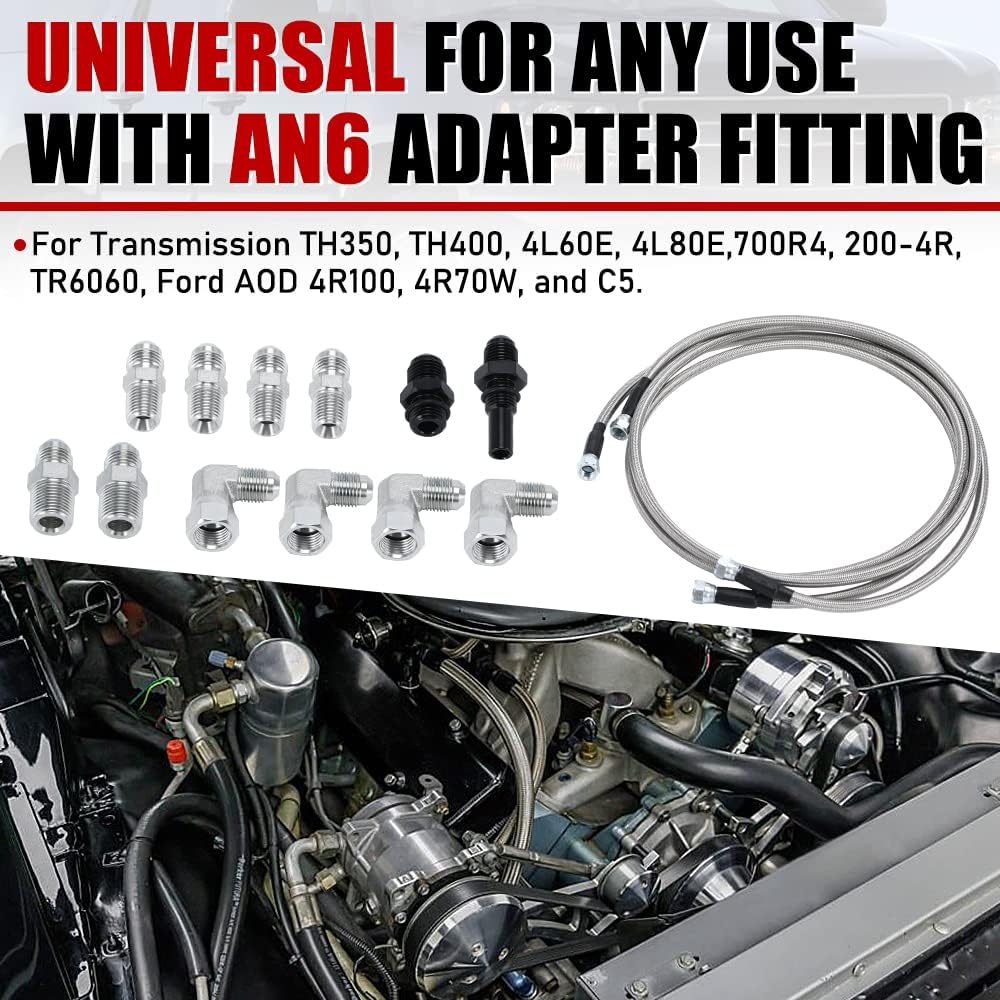 6AN 70" Transmission Fluid Oil Cooler Hose Line kit for GM Chevy Transmission 4L80E TH350 TH400 4L60E 700R4 200-4R TR6060 Ford AOD 4R100 4R70W and C5 Stainless Steel Braided PTFE Hose - Image 4