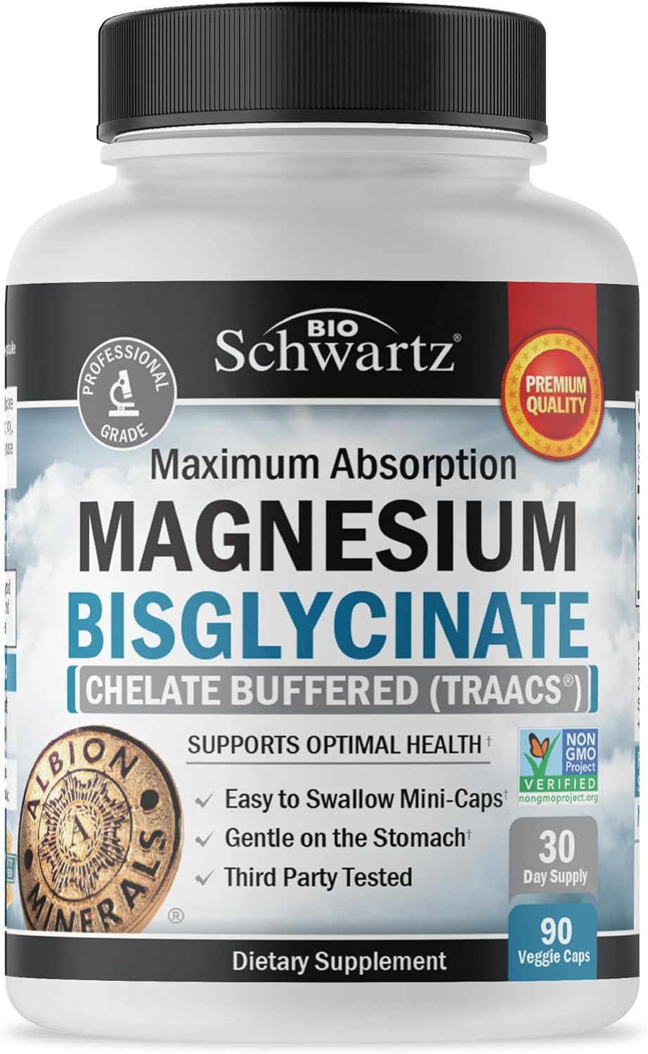 Magnesium Bisglycinate 100% Chelate No-Laxative Effect - Maximum Absorption & Bioavailability, Fully Reacted & Buffered - Healthy Energy Muscle Bone & Joint Support - Non-GMO Project Verified - 90 ct