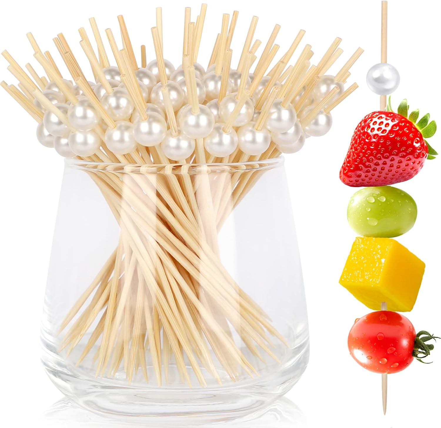 200 Cocktail Picks, White Pearl Fancy Toothpicks for Appetizers Drinks Fruit Food, 4.7 IN Long Bamboo Skewers Wood Cocktail Sticks for Wedding Bridal Shower Party Decor Charcuterie Boards Accessories