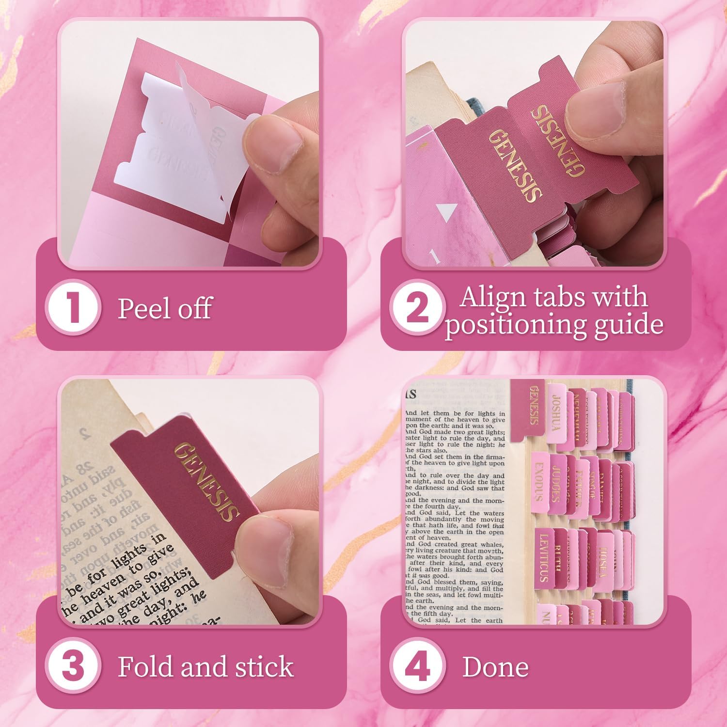 Laminated Bible Tabs, Gold Foil Embossed Lettering Bible Chapter Index Tabs for Women Men, Reposition Large Print Sticky Labels, Easy to Read and Apply, 105 Chapters Labels for Easy Navigation, Pink - Image 5