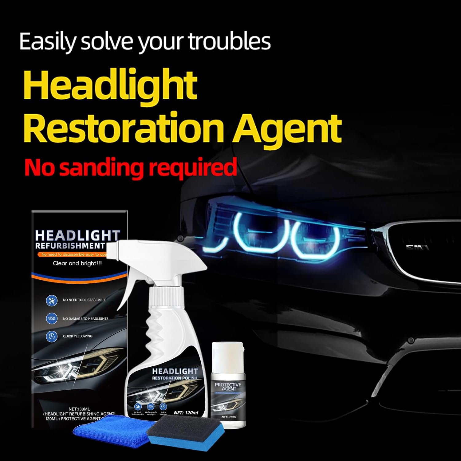 10X Brighter Headlight Restoration Kit - Pro Grade Headlight Cleaner & Sealant, Fixes Yellowed Cloudy Lenses to Crystal Clear in 5 Mins, Car Accessories Car Cleaning Supplies for Night Driving Safety - Image 4