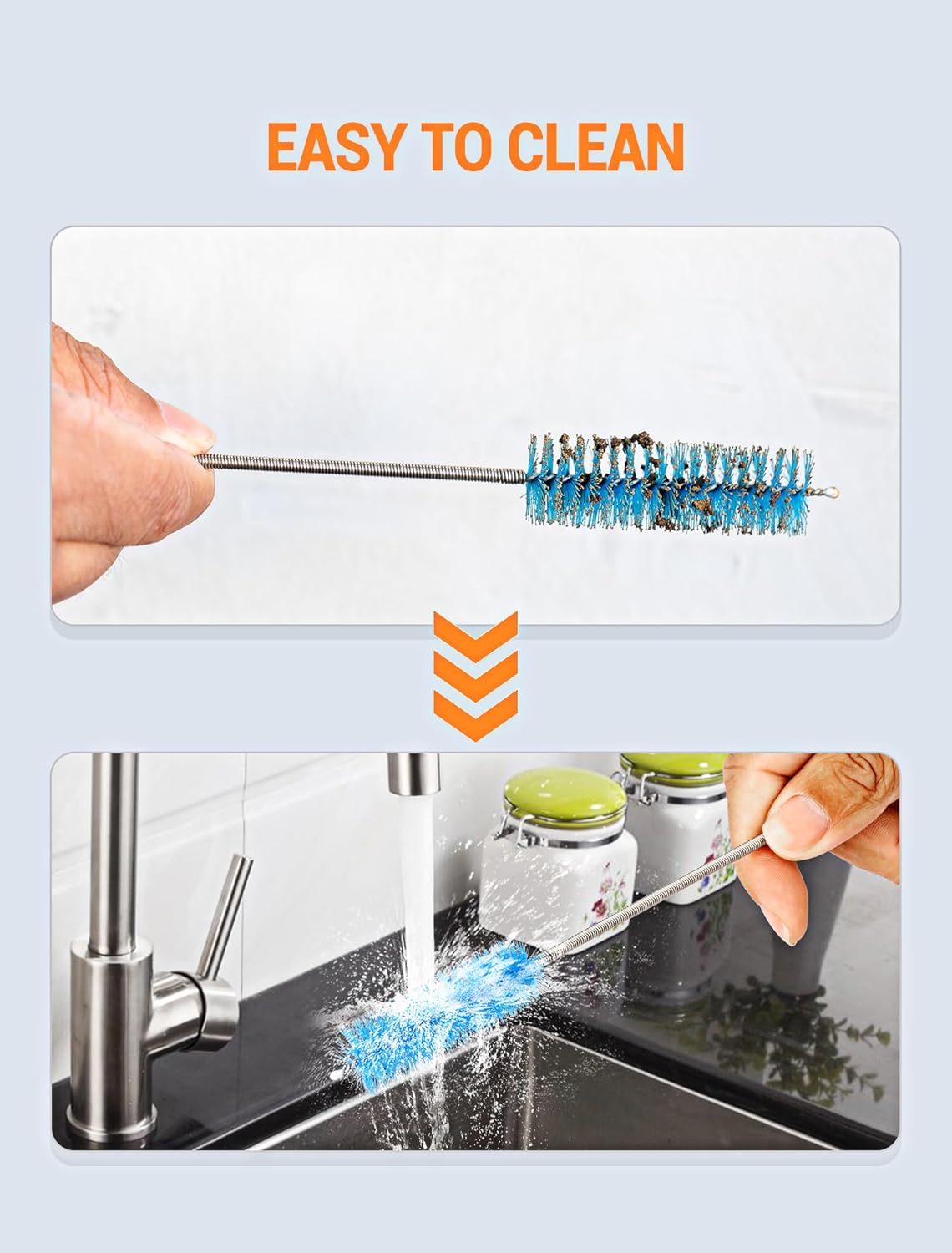 EVOULTES 66" Flexible Drain Brush Tool with Large Brush Head and Double Elastic Nylon Ends, Stainless Steel Long Tube Cleaning Brushes for Kitchen, Sink, Drain Pipe and Long Pipe Cleaning - Image 6
