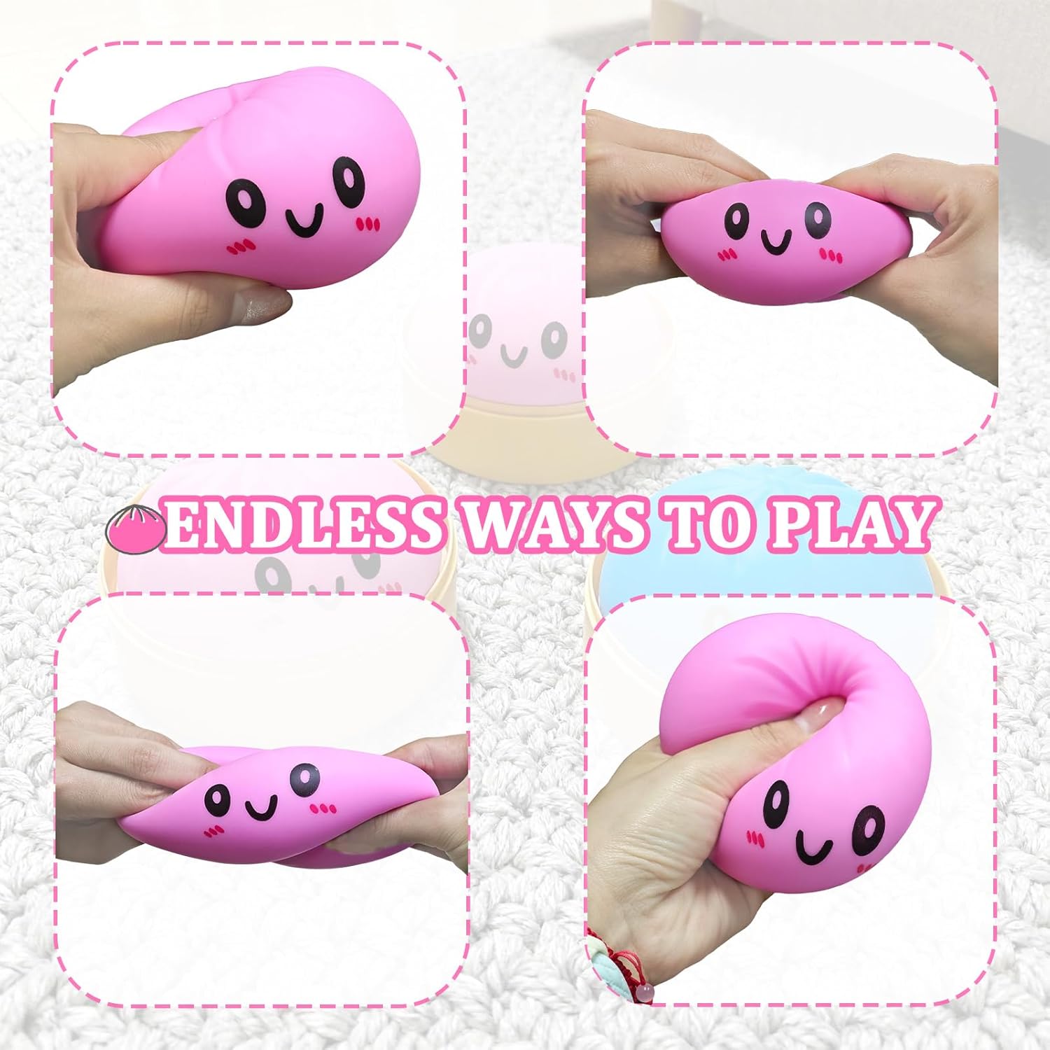 Dumpling Squishy Toy, Dumpling Squishy Mystery Box, Colorful Dumplings Stress Balls Fidget Sensory Toy, Squeeze Dough Ball Stress Relief Hand Toys with Food Steamer Stretchy Desk Toys (Pink) - Image 5