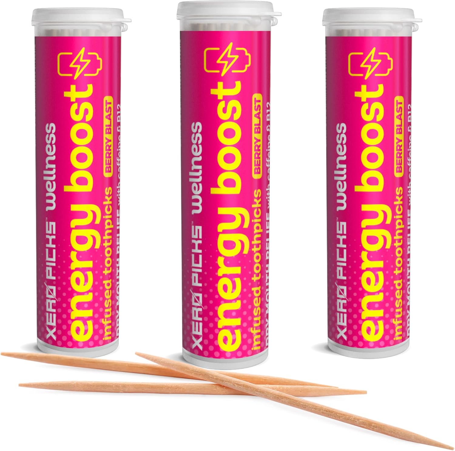 Xero Picks Wellness Flavored Toothpicks Energy Boost with Caffeine, B12, and B6 (Berry Blast, 3 Pack) Kosher - Sugar Free
