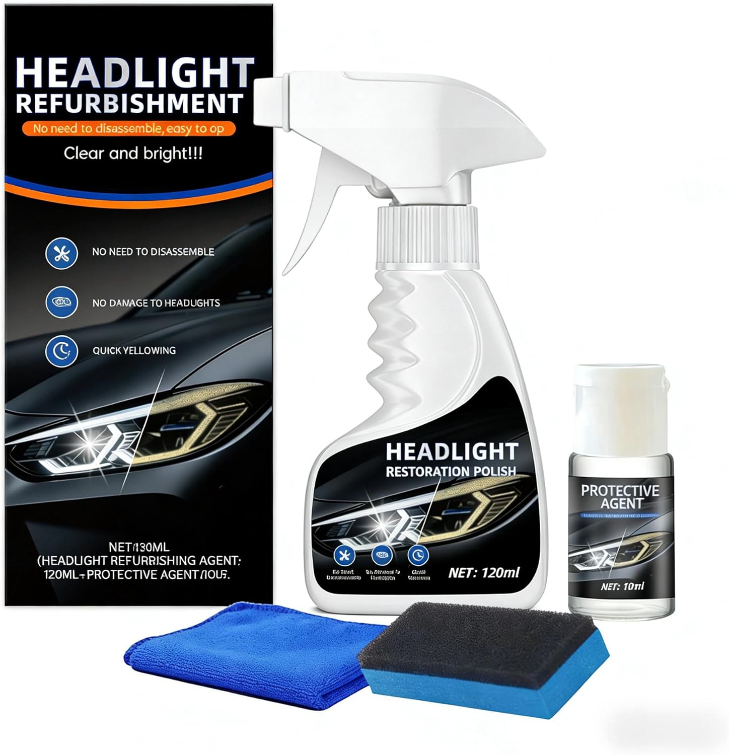 10X Brighter Headlight Restoration Kit - Pro Grade Headlight Cleaner & Sealant, Fixes Yellowed Cloudy Lenses to Crystal Clear in 5 Mins, Car Accessories Car Cleaning Supplies for Night Driving Safety