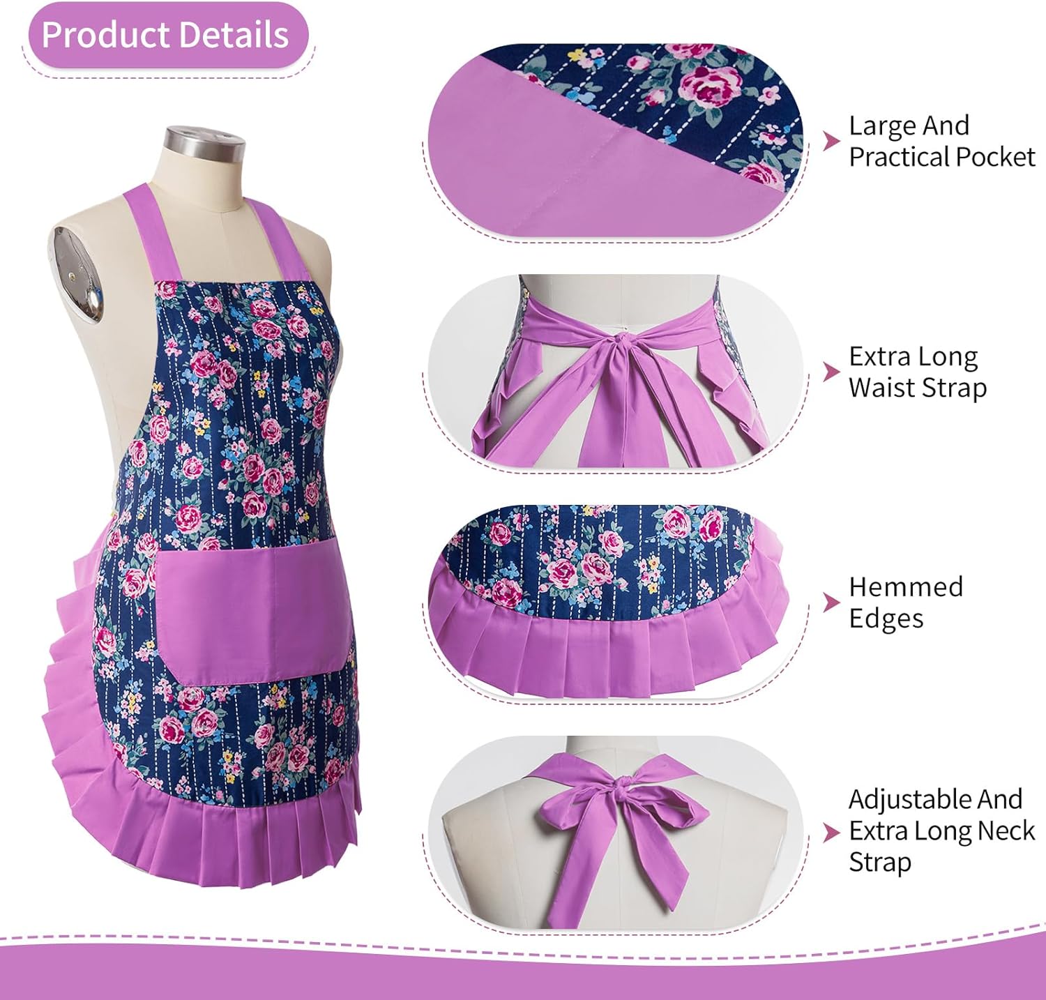 Vintage Floral Apron for Women with Functional Pockets Adjustable Neck Strap for Cooking Baking Mother's Gift - Image 4