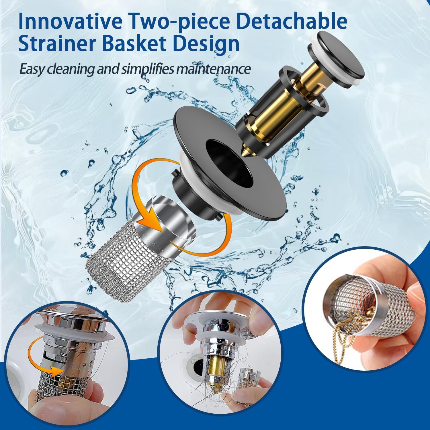 Bathroom Sink Drain Strainer,(2PCS) Pop-up Sink Drain Strainer with Removable Stainless Steel Strainer Basket Hair Catcher, Bathroom Sink Strainer for Bathroom Sink Stopper Replacement - Image 4