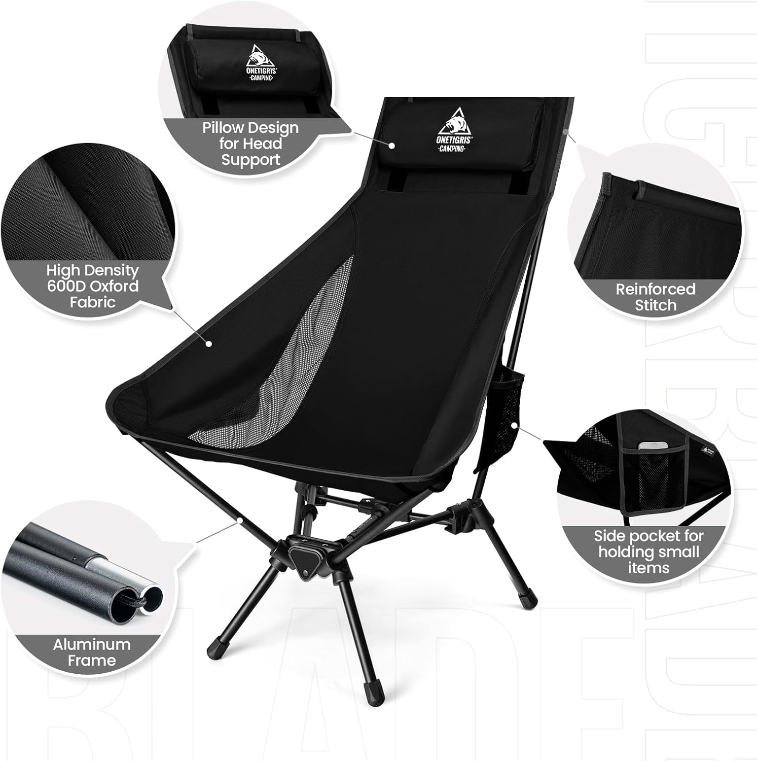 ONETIGRIS Tigerblade High Back Camping Chair with Pillow Design, Comfortable Widened Seat Folding Chair - Image 6