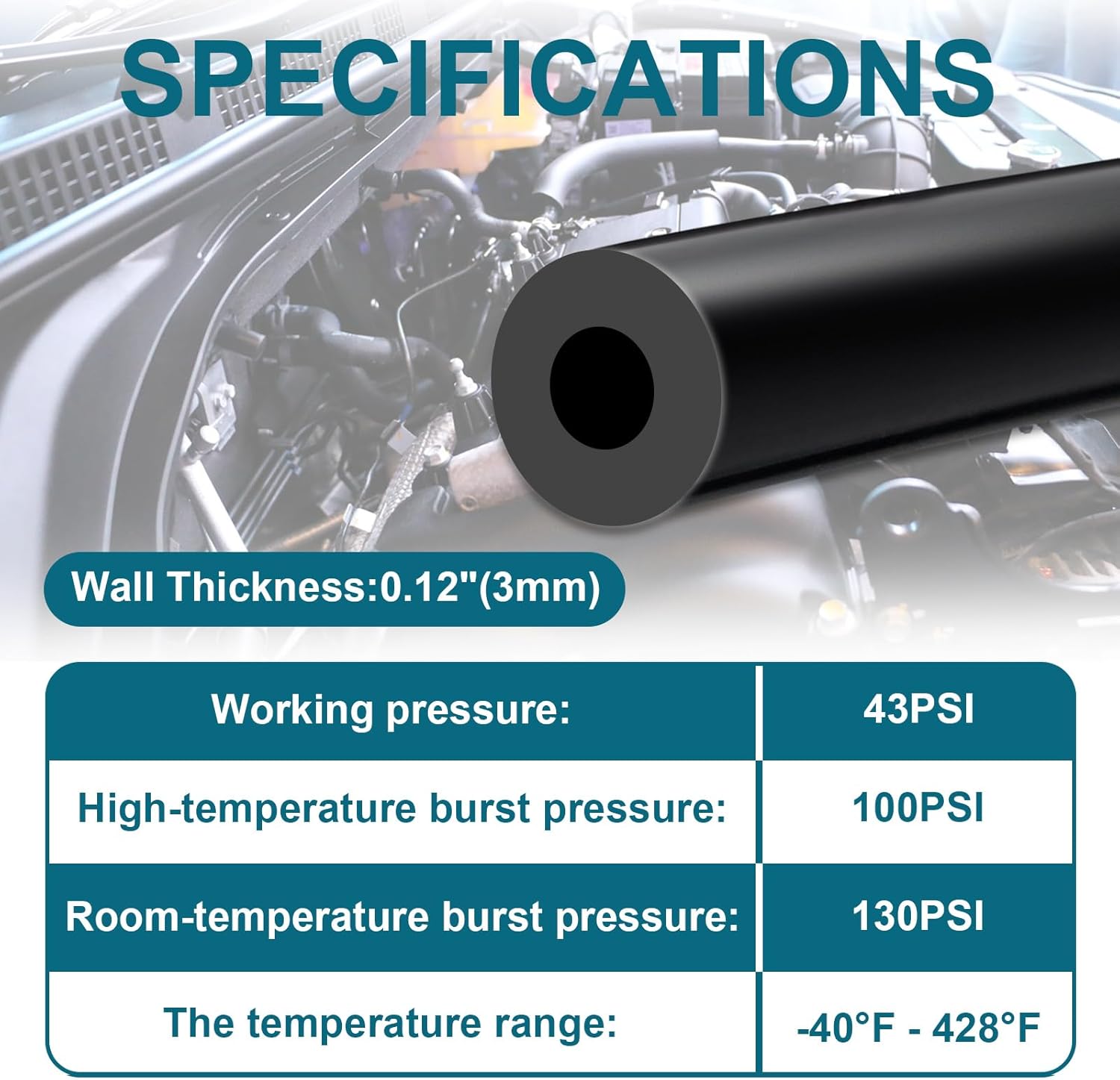 Vacuum Hose Automotive, 3/8""(10mm) ID Vacuum Hose, 10FT Vacuum Lines Automotive, 130PSI Max Pressure Silicone Vacuum Hose, Vacuum Tube Black., Va-10-10FT - Image 3