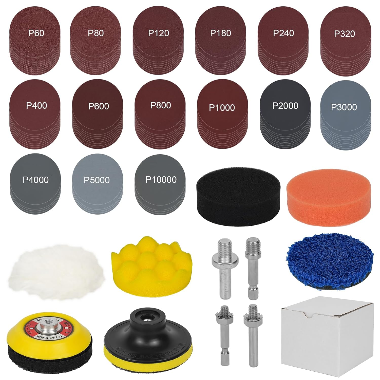 142pcs 3 Inch Sanding Discs Pad Kit, Grit 60-10000 Dry Wet Sandpaper with 5 Soft Sanding Sponges Sander and 1/8"&1/4" Shanks Backer Plate, Drill Sanding Attachment for Car Metal Wood Jewelry