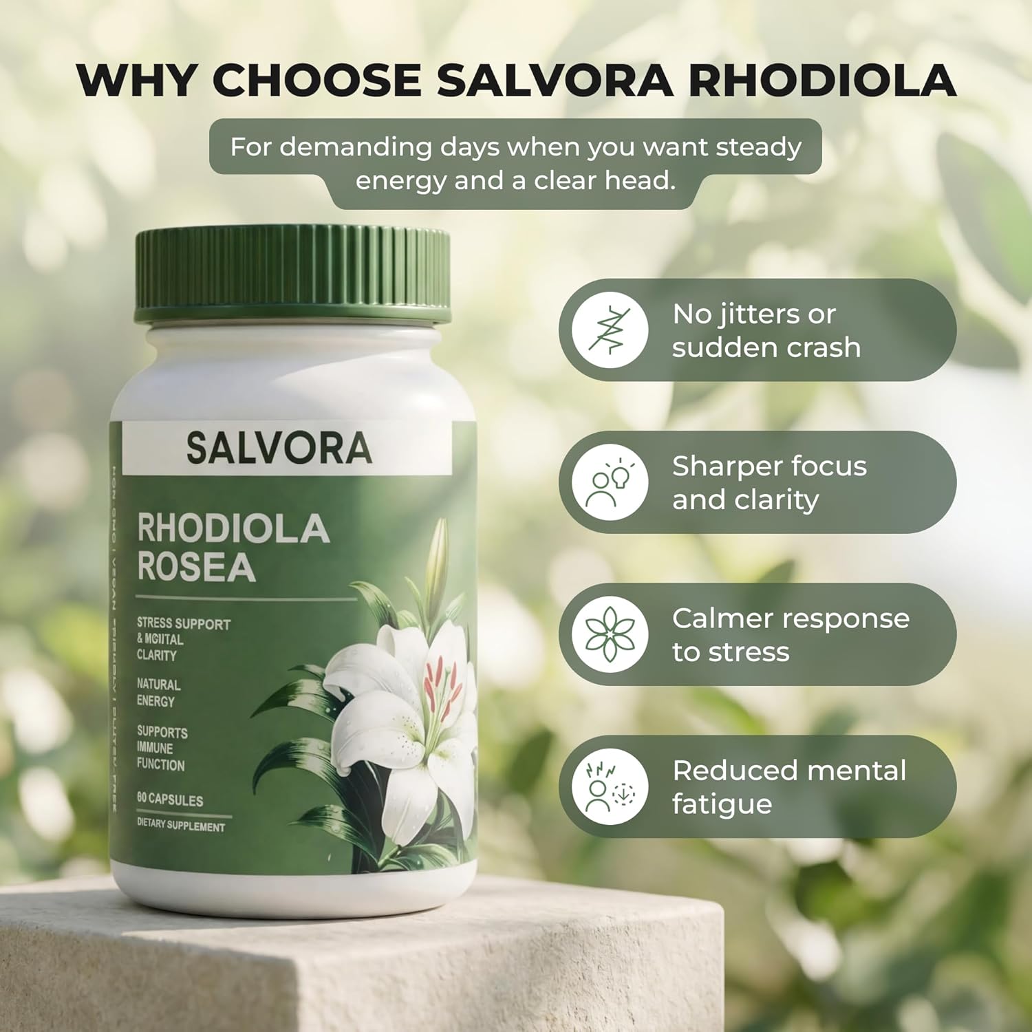 Rhodiola Rosea Supplement – Golden Root Adaptogen Capsules - Rhodiola Rosea Extract Powder Alternative with Salidroside for Stress Support - Energy, Focus & Performance - Image 3