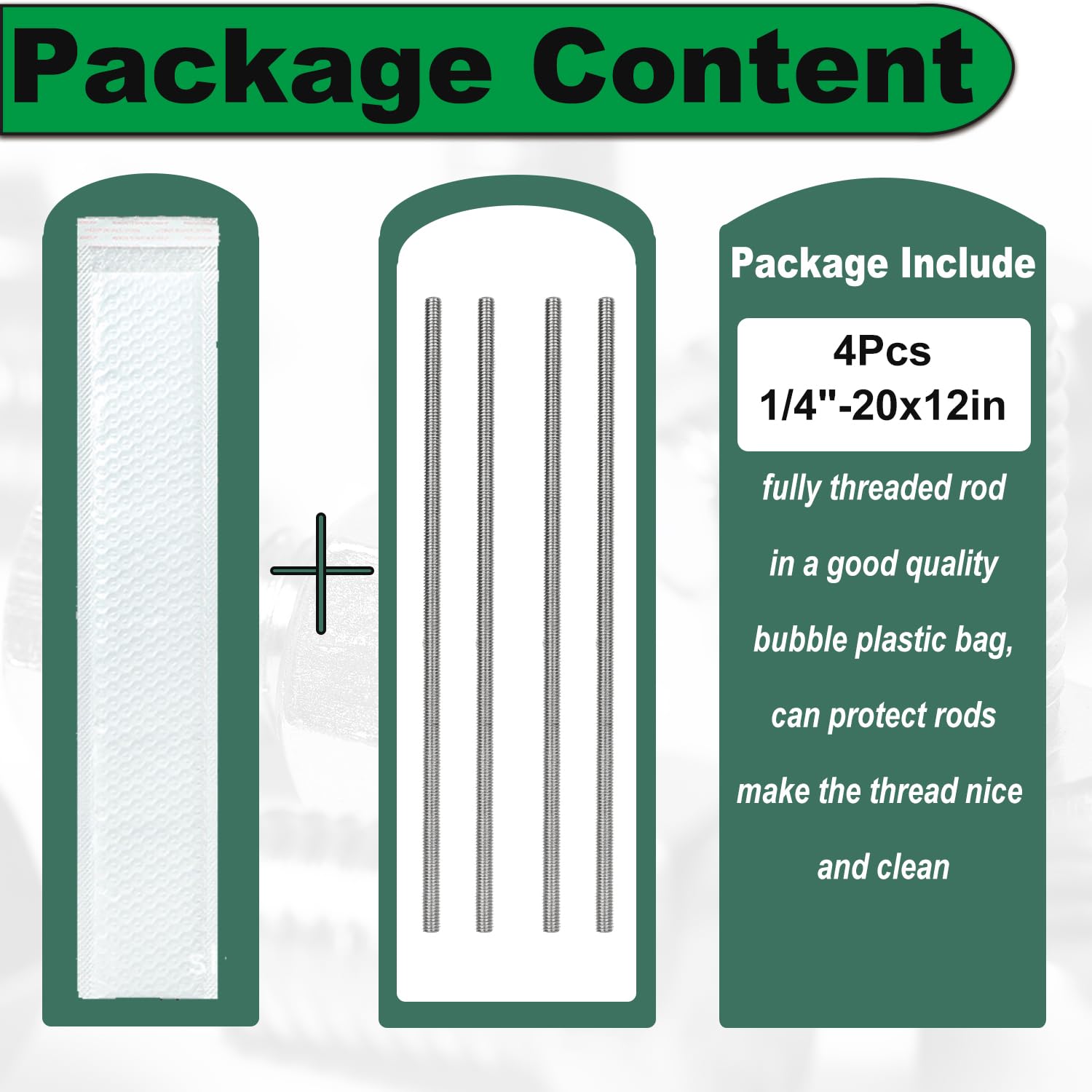 1/4-20 x 12 Fully Threaded Rod, 4PCS 1/4"-20 12 in All Threaded Rods, 304 Stainless Steel, Right Hand 12 inches Long Screw Rods Replacement for Lawn Mower Carburetor Bolt - Image 3