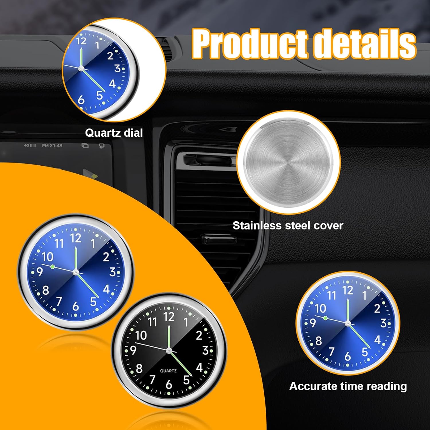 Dickno 2 PCS Stick on Dashboard Car Clock, Mini Tiny Analog Quartz Luminous Air Vent Clocks, Self Adhesive Automotive Vent Clocks Watch, Vehicle Clock for Dashboard Decoration (Blue+Black) - Image 4