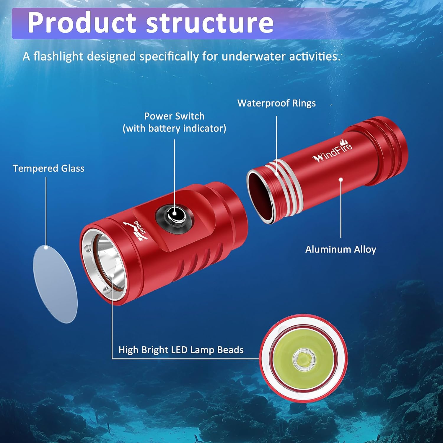 WINDFIRE TS08 Dive Light Super Bright, Scuba Flashlight Rechargeable, IP68 Waterproof 197 ft Depth Underwater Flashlight, 3 Modes & Power Indicator, Snorkeling Torch for Night Diving - Image 5