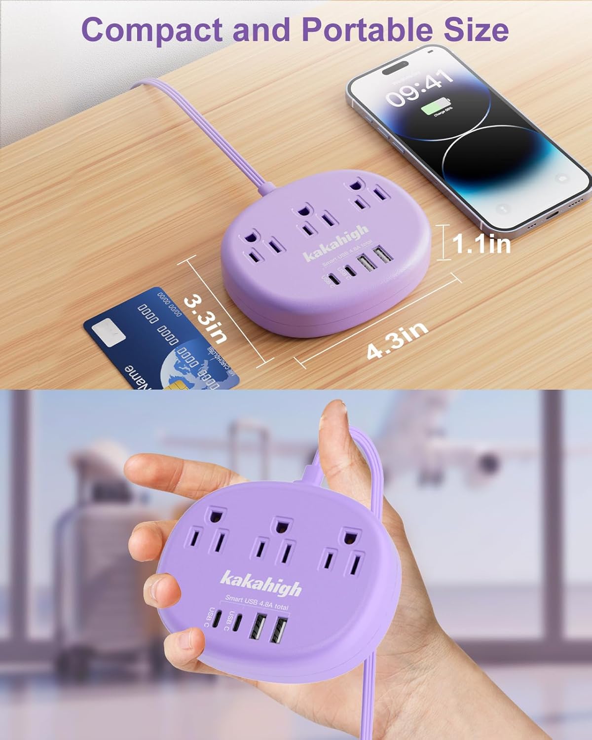 Purple Extension Cord with USB C - 5 FT Flat Power Strip, 1625W Cute Extension Cord with 3 AC Outlet 4 USB (24W/4.8A), Compact for Cute Purple Kawaii Lavender Accessories - Image 4