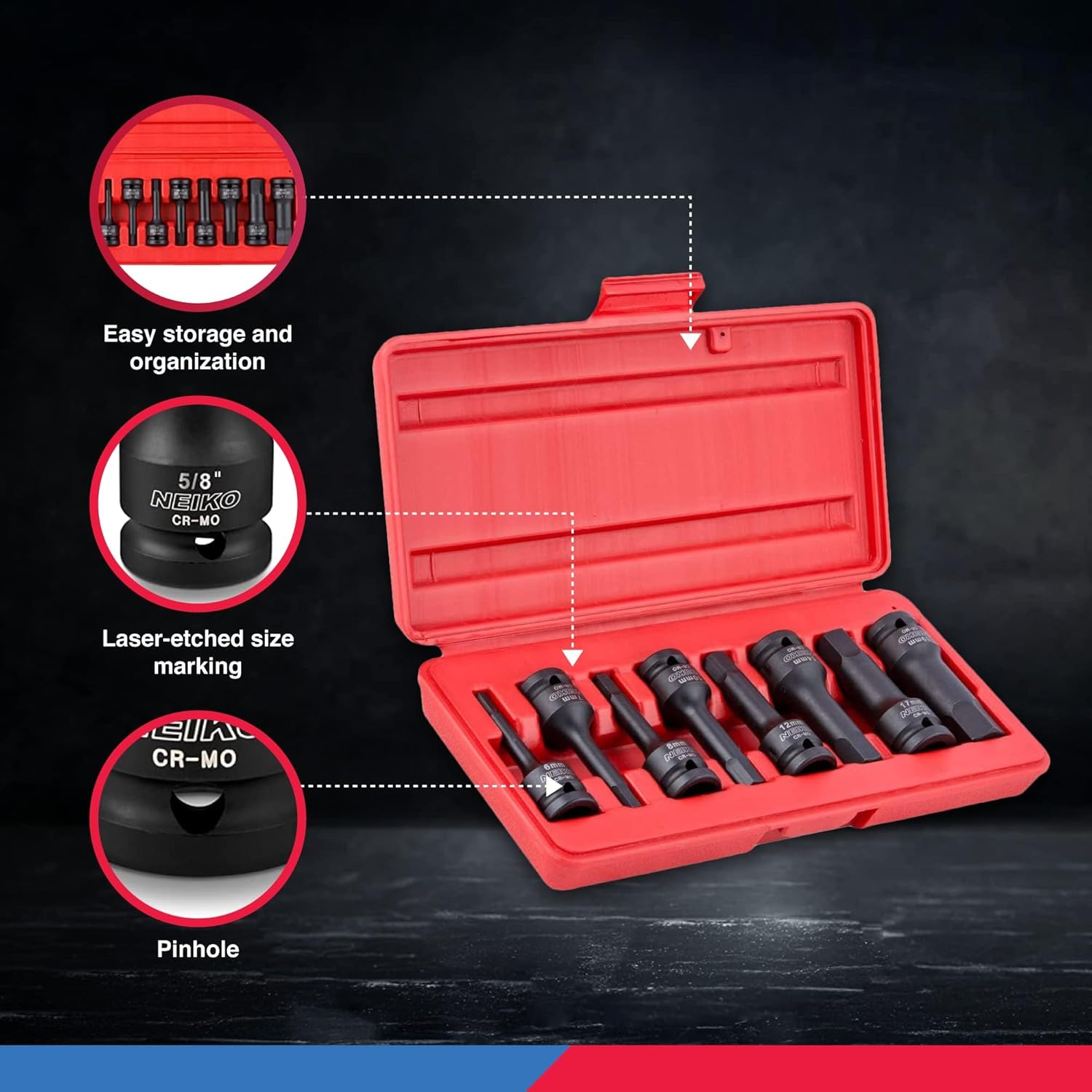 Neiko 01136B 1/2-Inch Drive Allen Hex Impact Socket Set, Metric, 6 mm - 19 mm, Cr-Mo, 8-Piece - Image 4