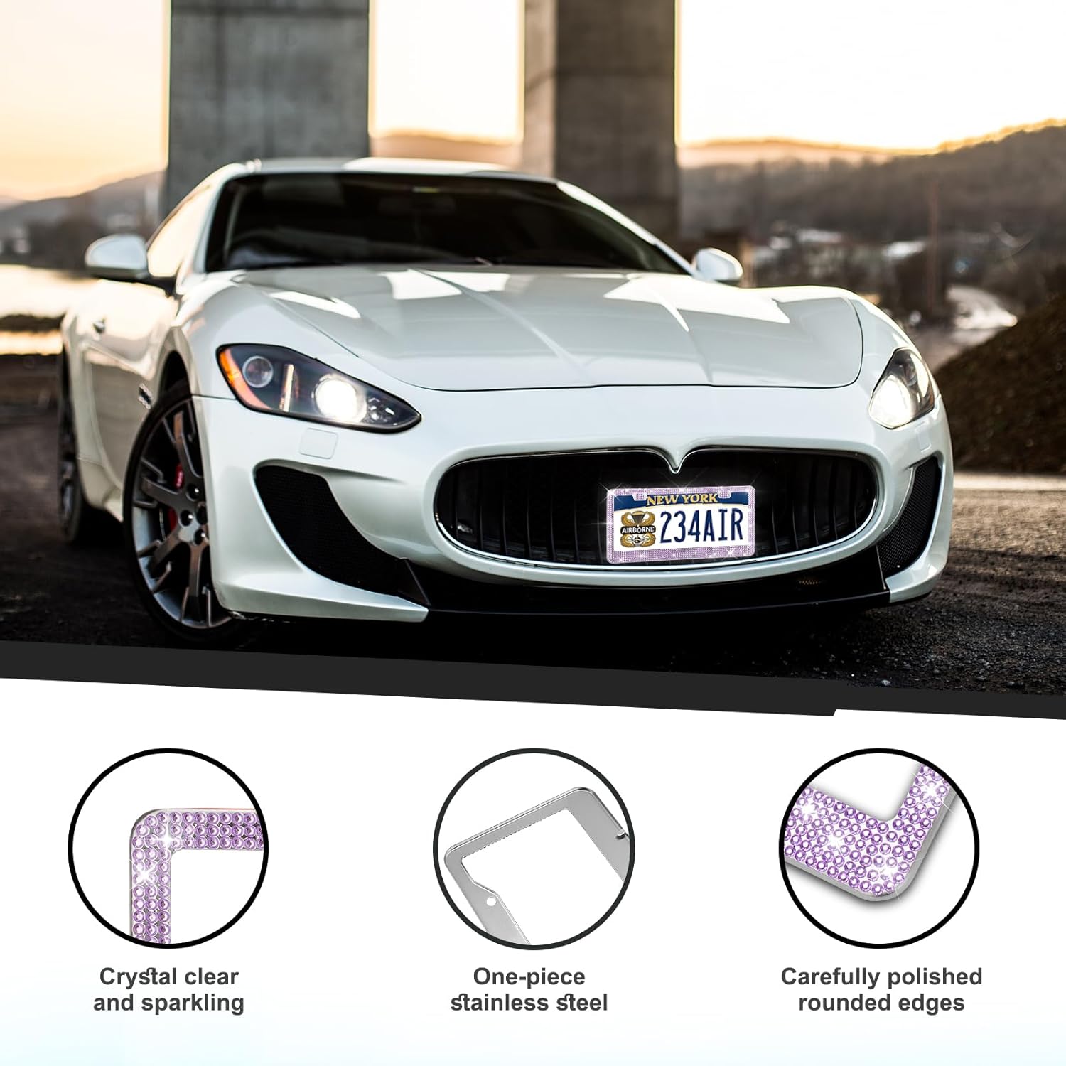Bling License Plate Frames 2 Pack - Stainless Steel Rhinestones Car Accessories with 1200 Crystals, Universal Fit Decorative Diamond Plate Covers for Women Men All Cars -Purple - Image 2