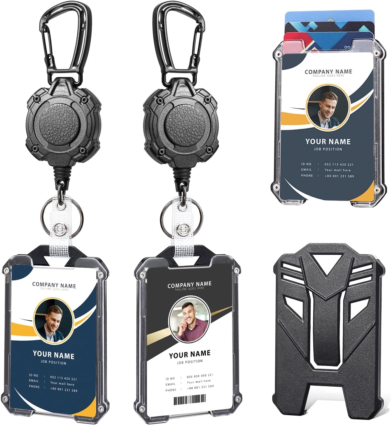 Badge Holder Retractable Clip Heavy Duty Carabiner Badge Reel Keychain with Id Cards Holder Cool Tactical ID Holder (2 Holders and 2 Badge Reels Black # 04)