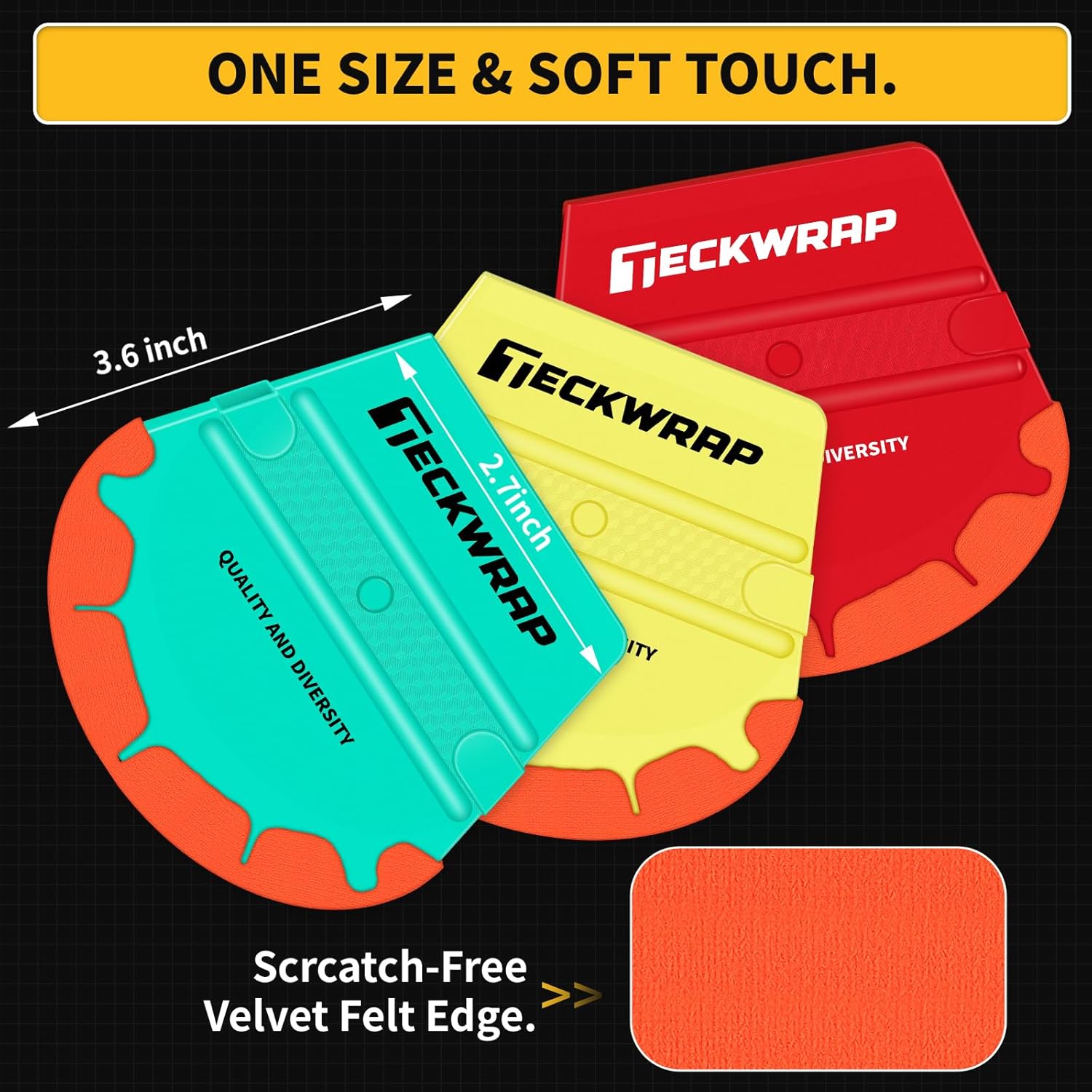 TECKWRAP Felt Squeegee for Vinyl Wrap, Pro Car Wrap Tool Kit with 3 Hardness Levels (Soft/Medium/Hard),Fan-Shape, Premium Felt Edge (Yellow 40A / Green 50A / Red 60A) - Image 2