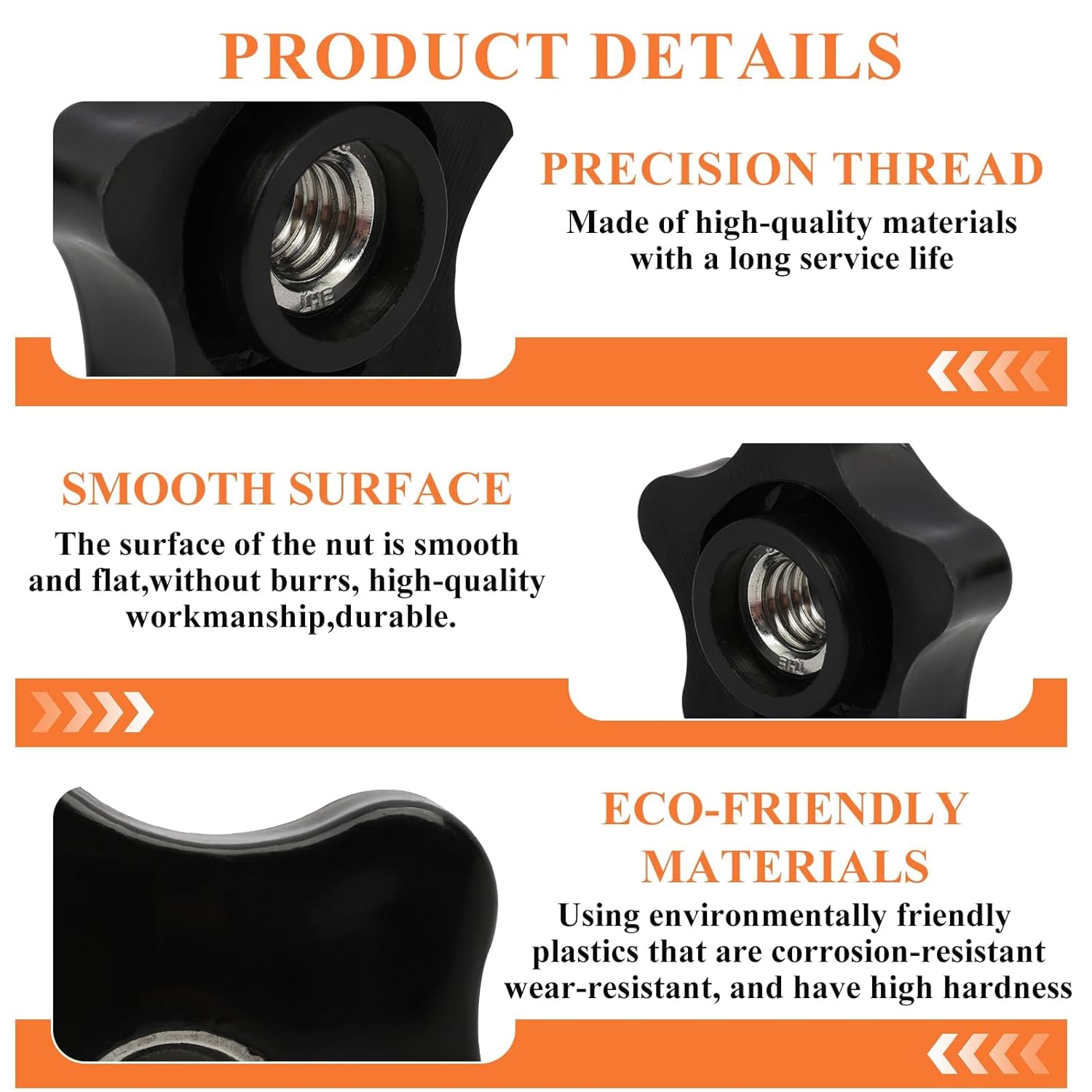 6 Pcs 3/8-16 Threaded Knob Nut, 5 Star Shaped Female Thread Knob with Sturdy PP and Stainless Steel Thread, Black Plastic Star Knobs Screw-On Clamping Knobs for Tool, Machinery & Equipment (3/8"-16) - Image 3