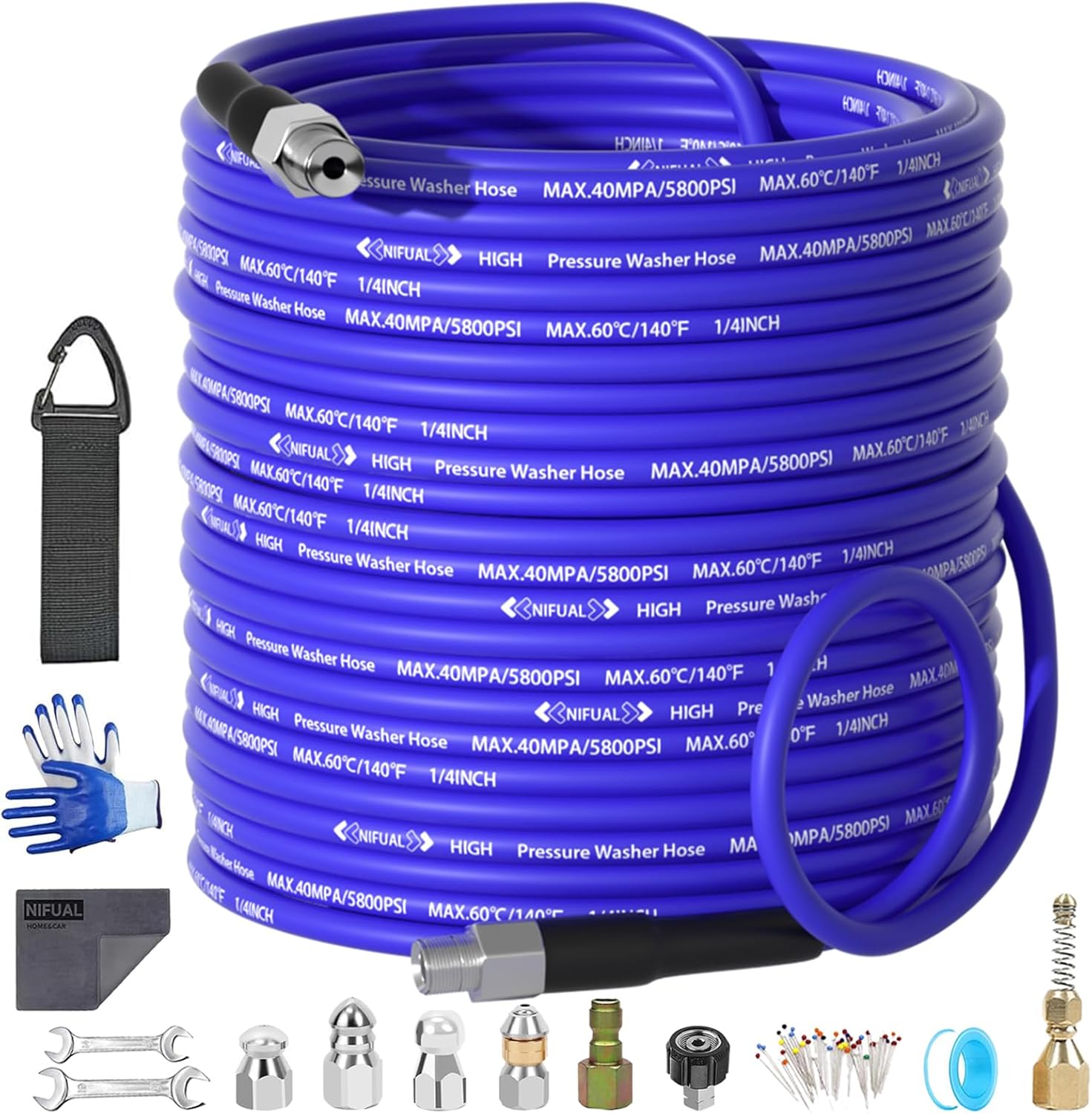 NIFUAL 150FT Sewer Jetter Kit for Pressure Washer, 5800PSI Drain Cleaner Hose 1/4 Inch NPT Corner, Rotating and Button Hose Sewer Jetting Nozzle Waterproof Tape Pearl Corsage Pin Spanner Glove