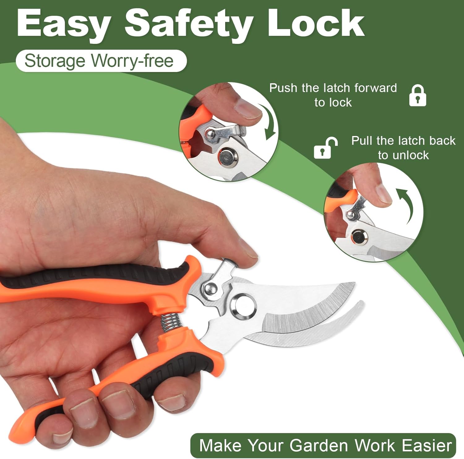 Pruning Shear, Premium Gardening Scissors for Rose Bushes, 7.5IN Garden Pruner Effortlessly Cuts 0.6IN Branches with Stainless Steel Blades Softgrip, One-Hand Lock Garden Clippers for Shrubs - Image 3