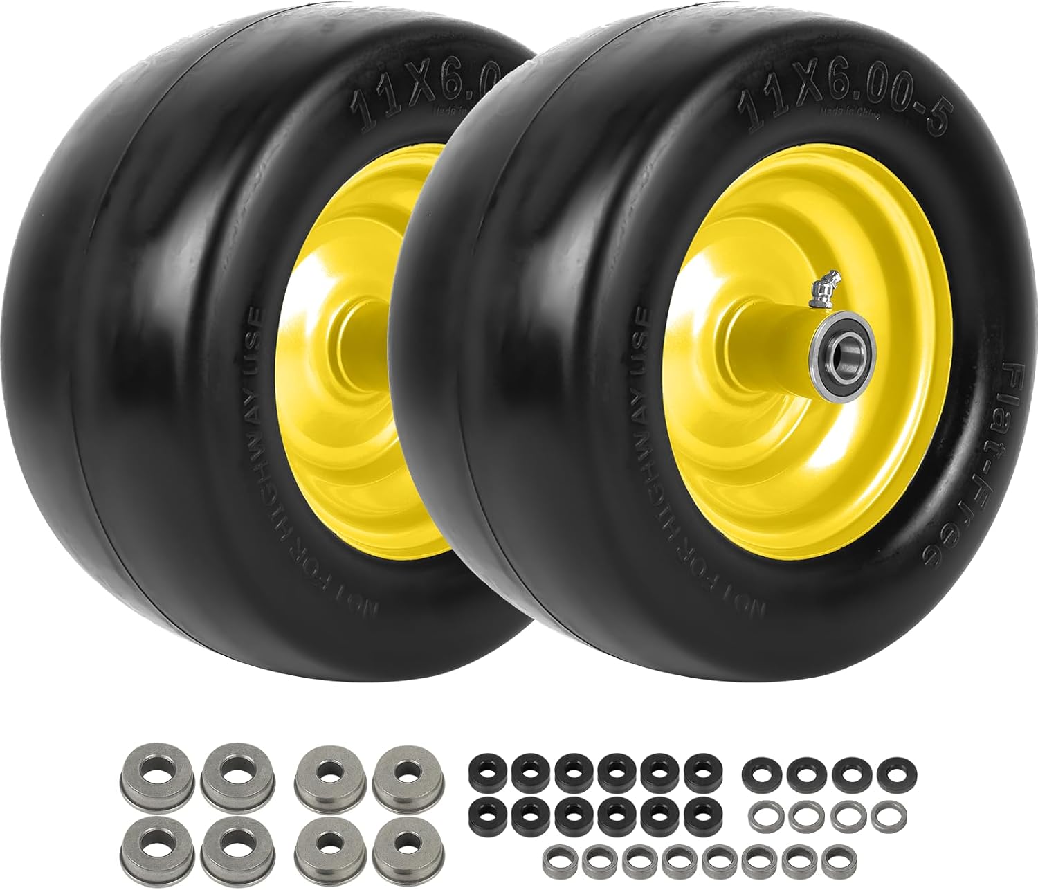AR-PRO 11x6.00-5 Flat Free Tire and Wheel - Relacement 11x6-5 Solid Rubbe Riding Lawn Mower Tire with Rim, 5.3"-7.5" Centered Hub and 3/4" Bearings - Fit Most Zero Turn Mowers (2-Pack)