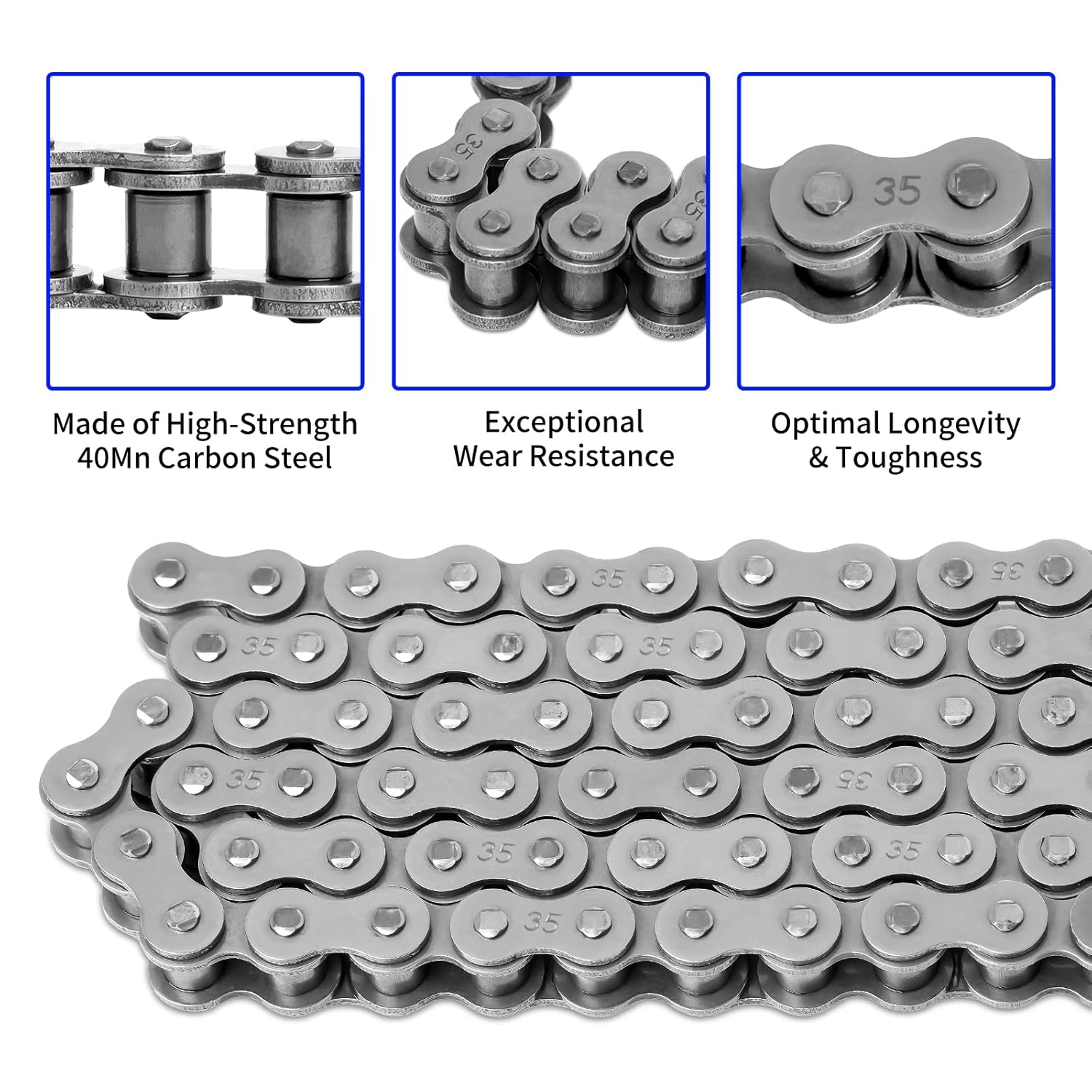 #35 Roller Chain, 3 Feet 35 Chain with 5 Master Links, Chain Breaker- Carbon Steel Chain for Mini Bike, Go Kart, Motorcycle, Scooter, Bicycle, Home and Industrial Machinery - 96 Links - Image 4
