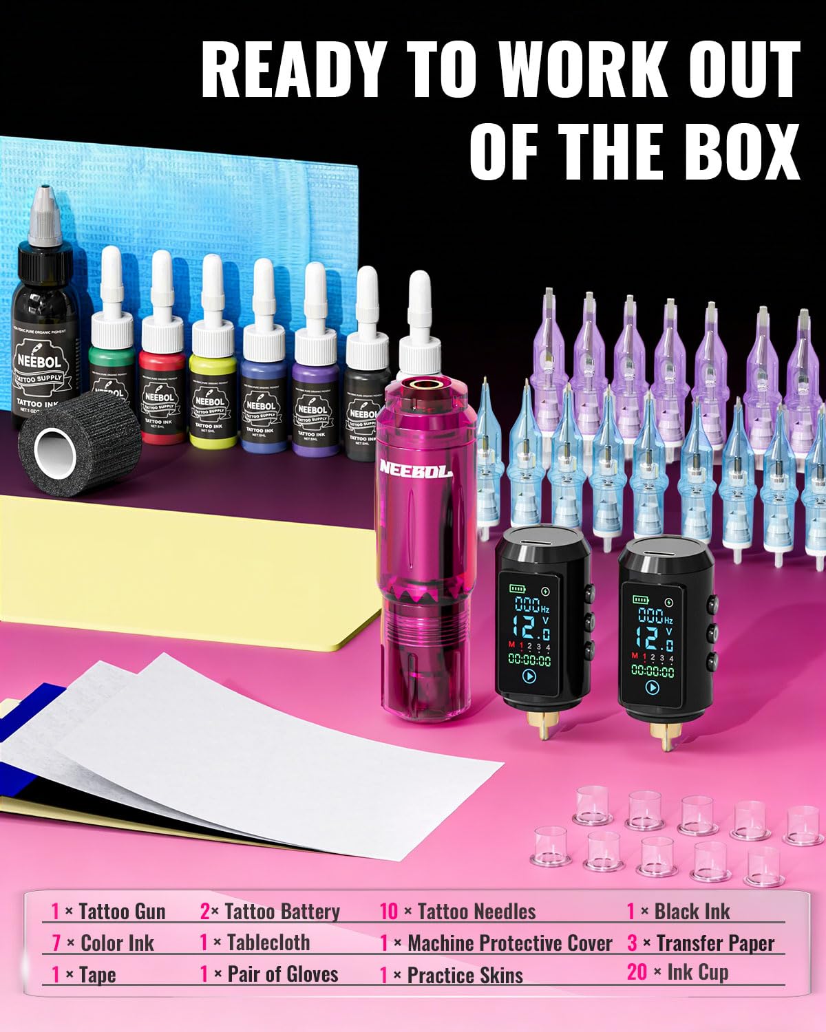 Tattoo Gun Kit - Wireless Tattoo Machine Kit with 2 Batteries, 20 Tattoo Cartridge Needles, Tattoo Ink Set, Full Tattoo Supplies for Beginners and Artists - Image 6