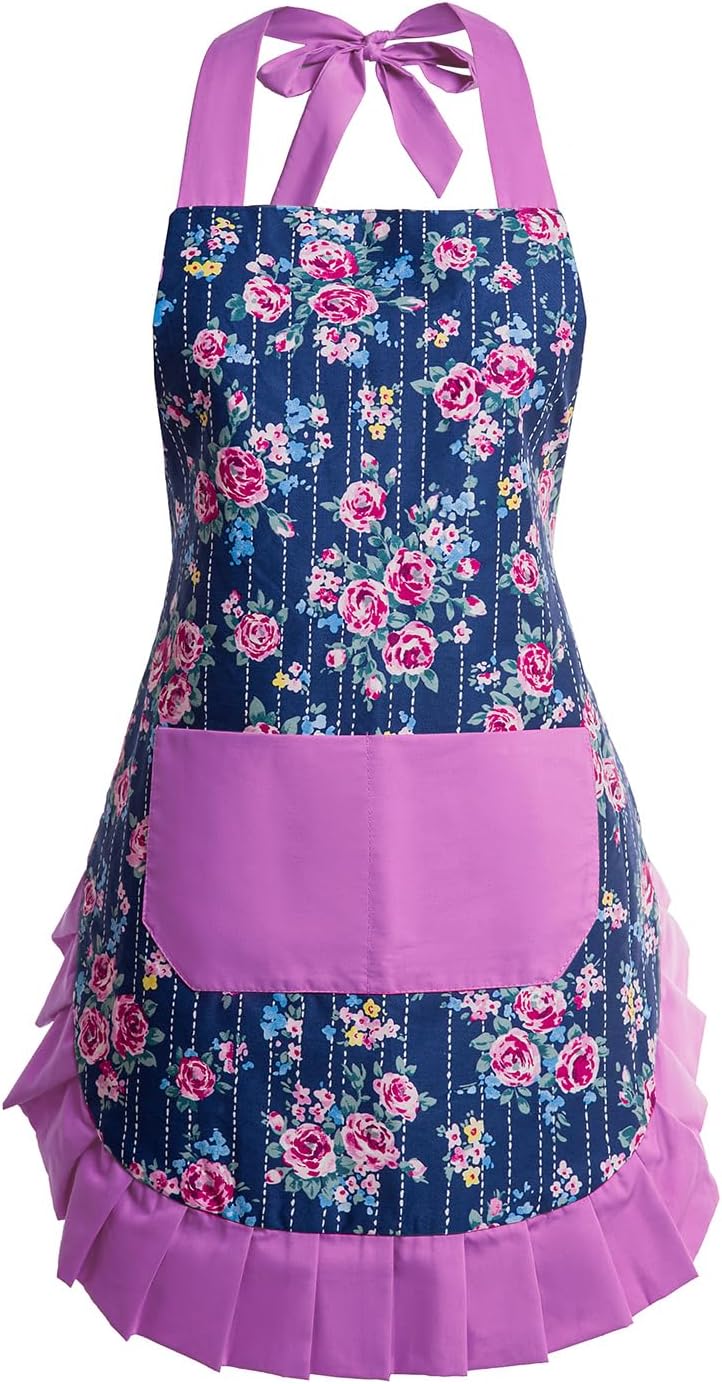 Vintage Floral Apron for Women with Functional Pockets Adjustable Neck Strap for Cooking Baking Mother's Gift