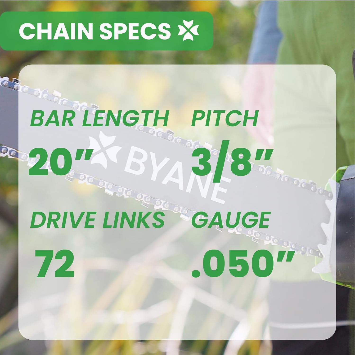 Byane 20-Inch Carbide Chainsaw Chain, 3/8" Pitch, .050" Gauge, 72 Drive Links for Stihl MS290, MS311, MS362 and Husqvarna 455 Rancher - Image 4